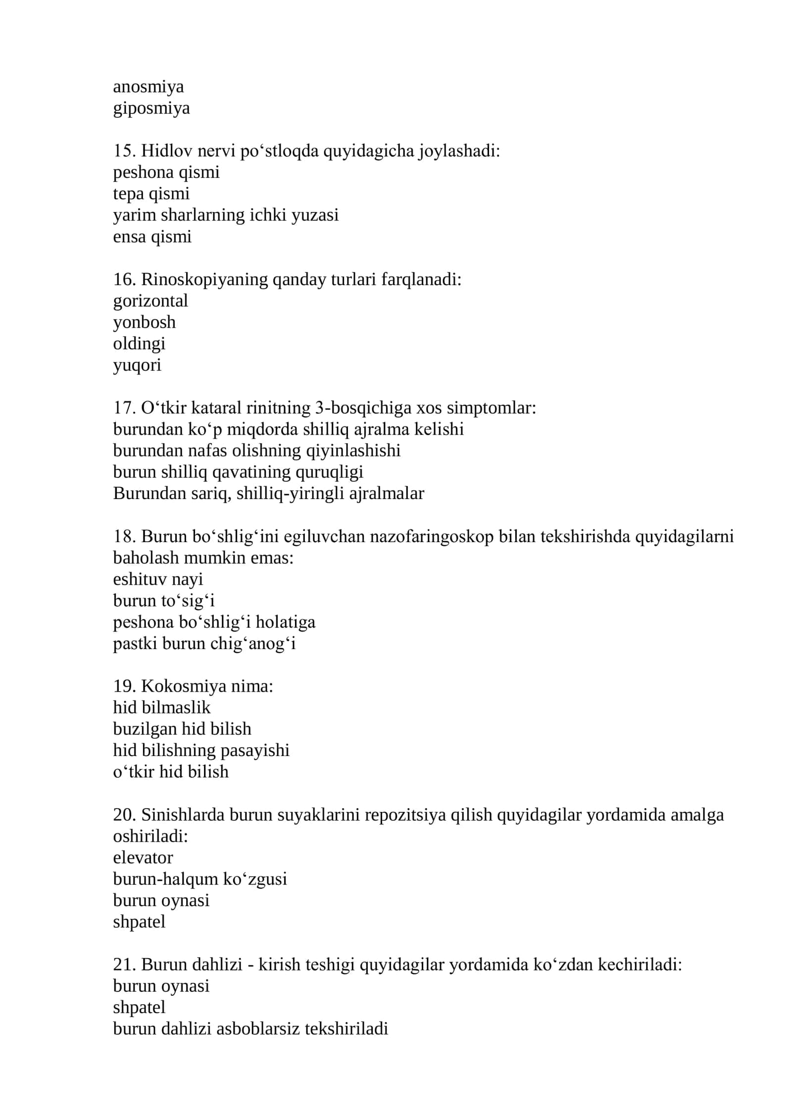 Otorinolaringologiya mutaxassisligi boʻyicha shakllantirilgan test savollari roʻyxati 2026 3