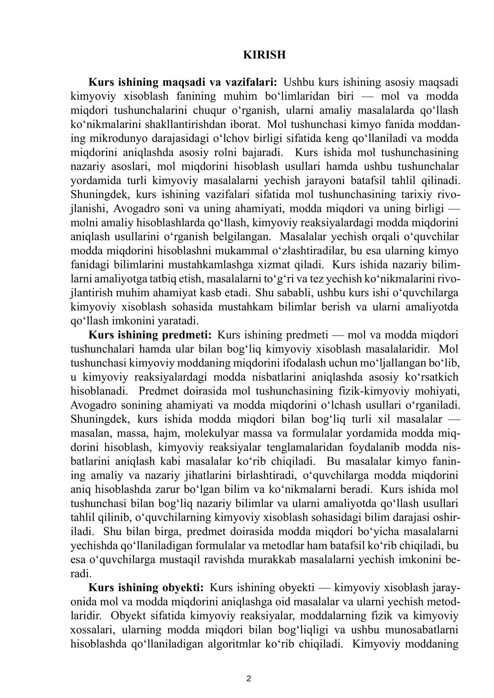 Kurs ishi: Kimyoviy xisoblash fanidan tayyorlagan 3