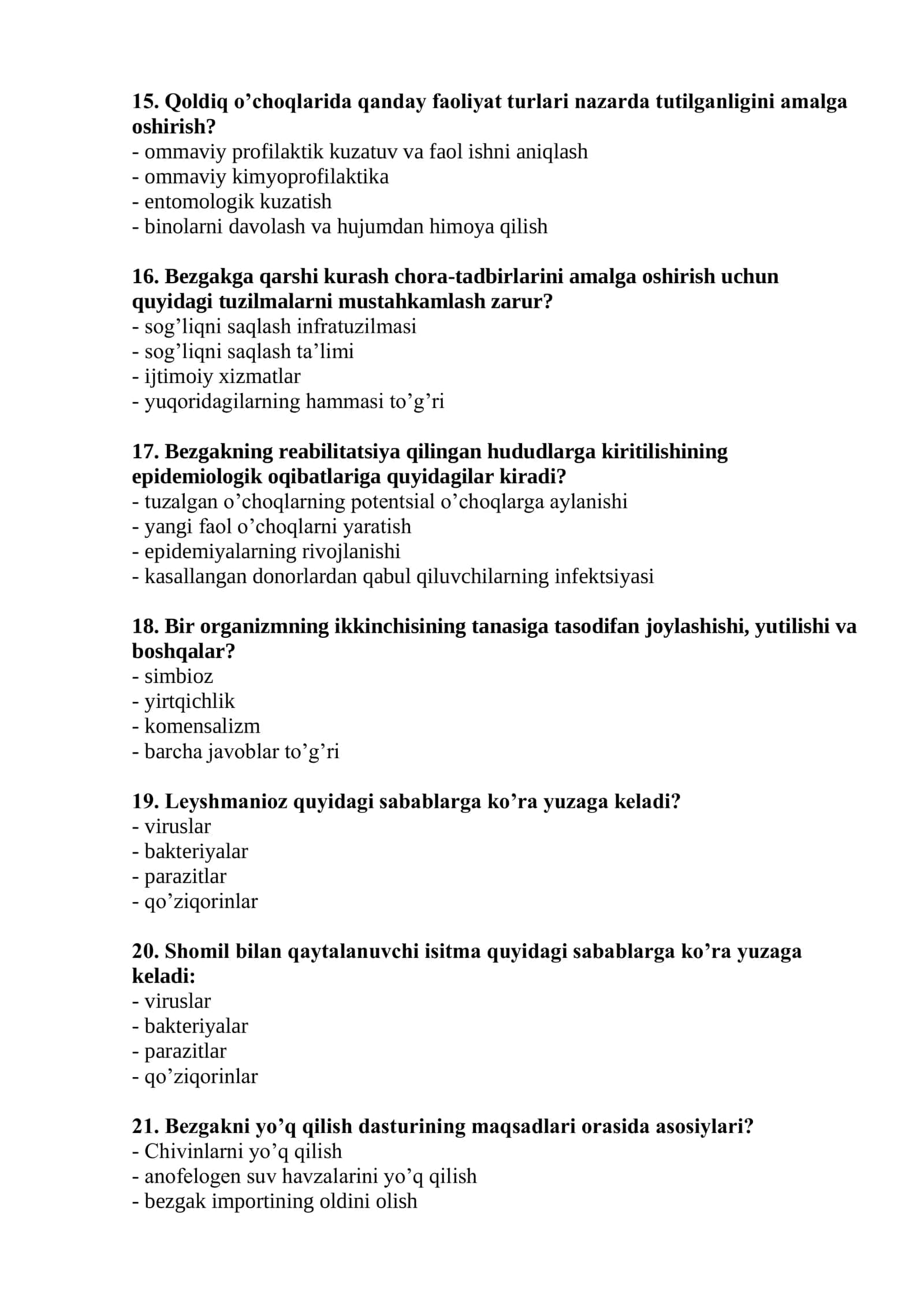 Tibbiy proflaktika ishi (entomolog vrach yordamchilari uchun) mutaxassisligi bo’yicha shakllantirilgan test savollari ro’yxati 3