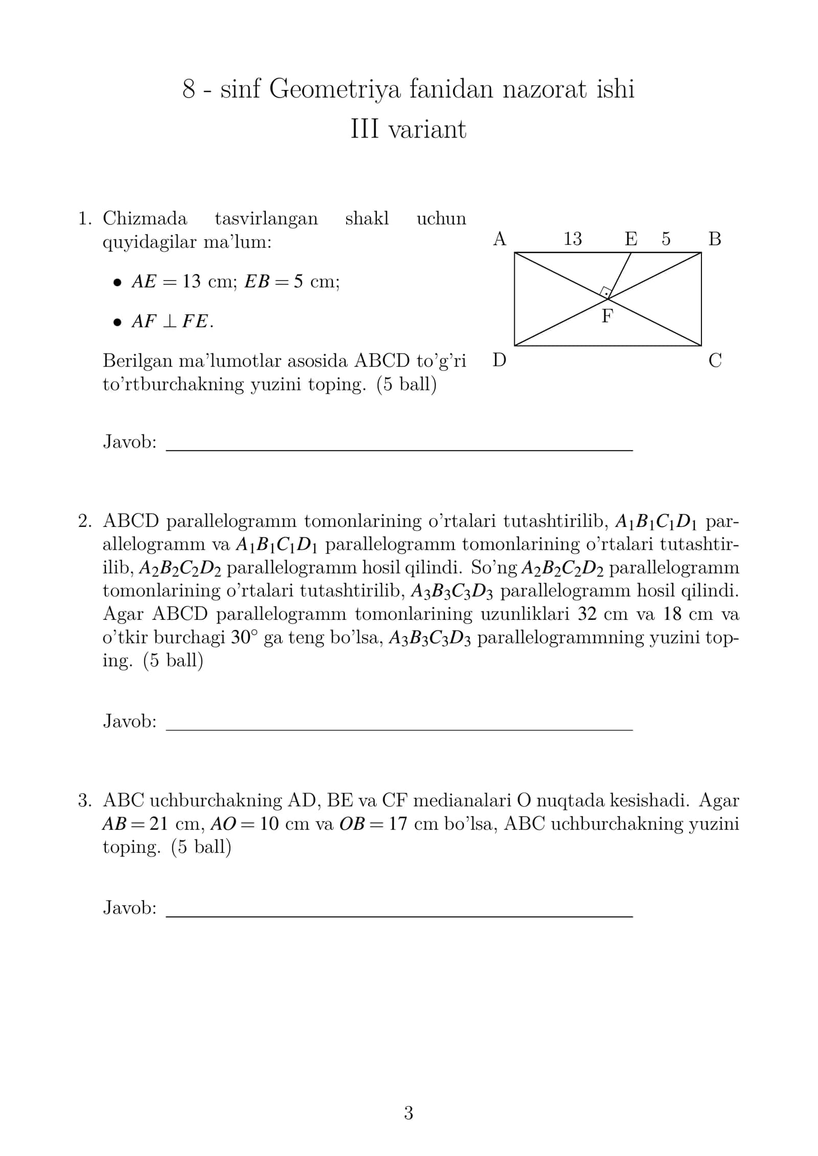 8 - sinf Geometriya fanidan nazorat ishi 3
