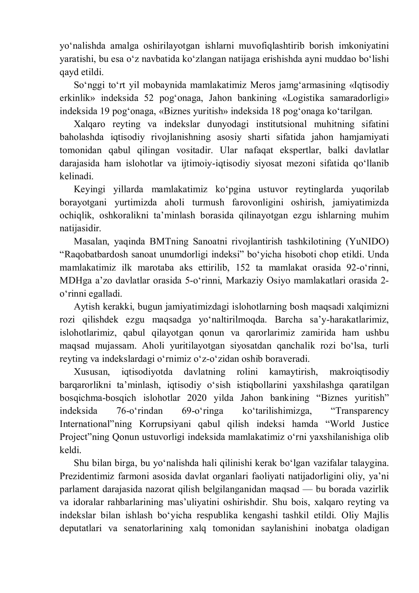 O‘zbekiston Respublikasining xalqaro reyting va indekslardagi o‘rni va nufuzini ortib borishi 3