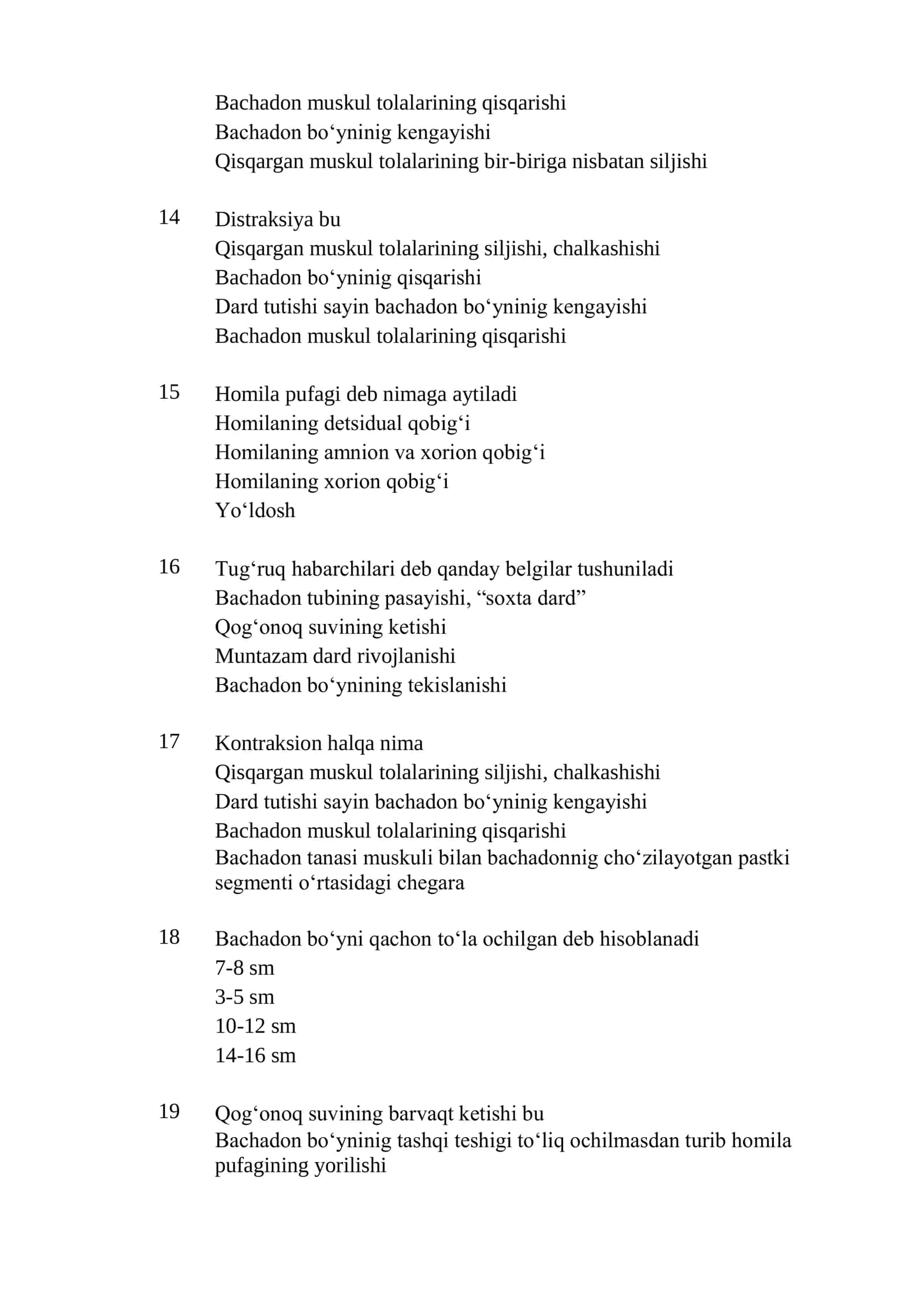 Akusherlik ishi mutaxassisligi boʻyicha shakllantirilgan test savollari roʻyxati 3