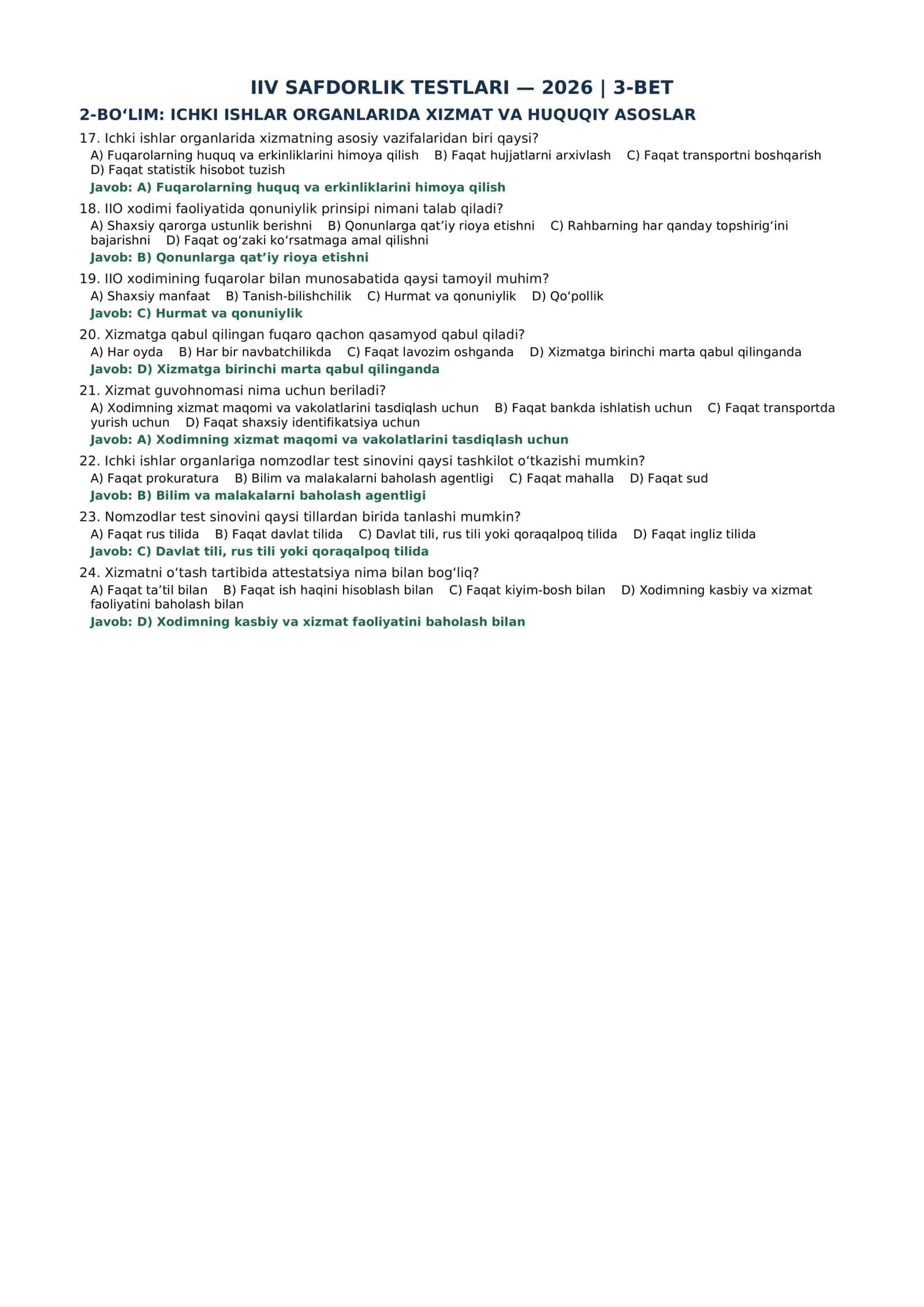 IIV SAFDORLIK TESTLARI 2026 Yangi javoblari bilan 3