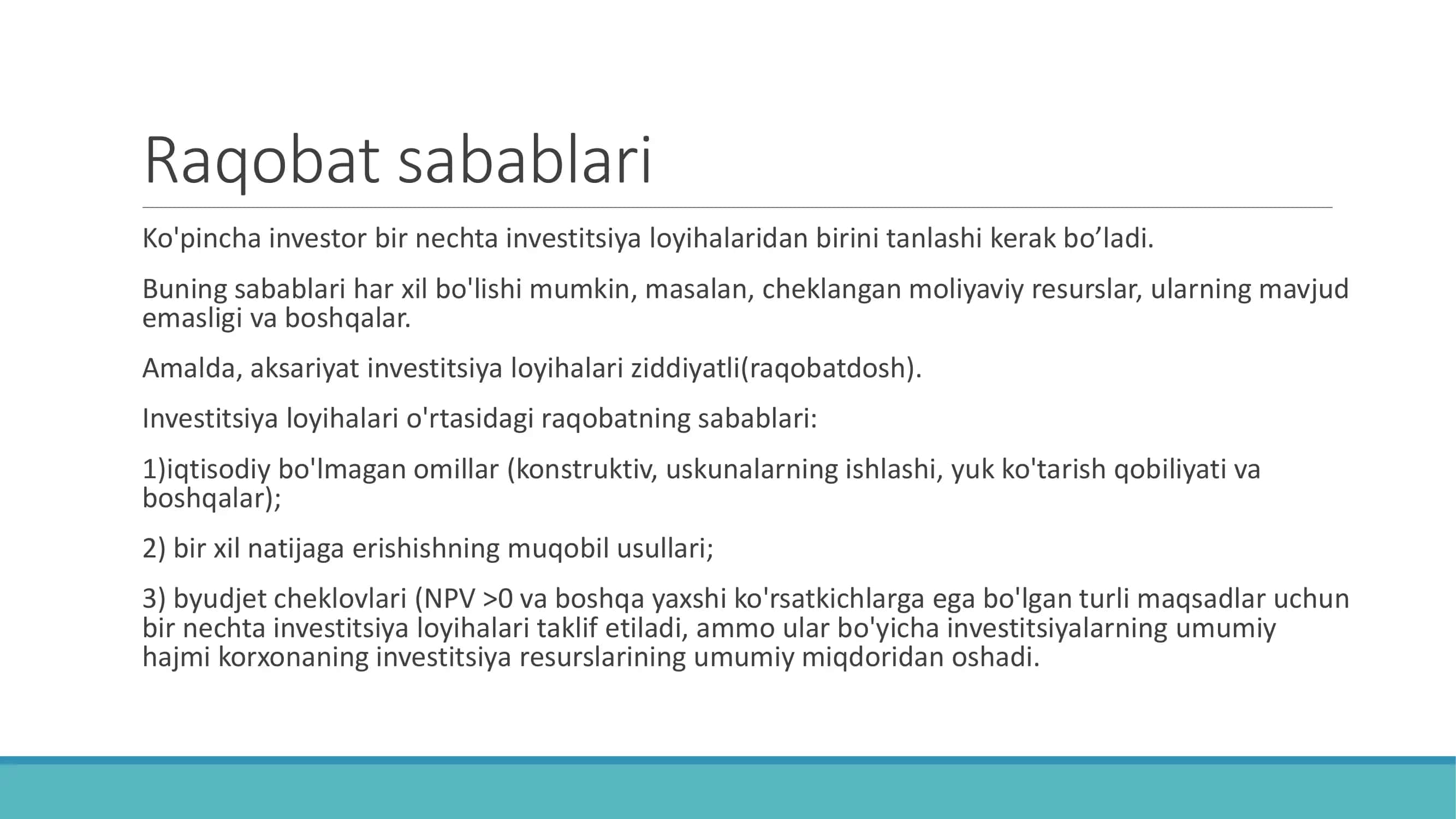 Muqobil va raqobatdosh investitsiya loyihalari tahlili 3