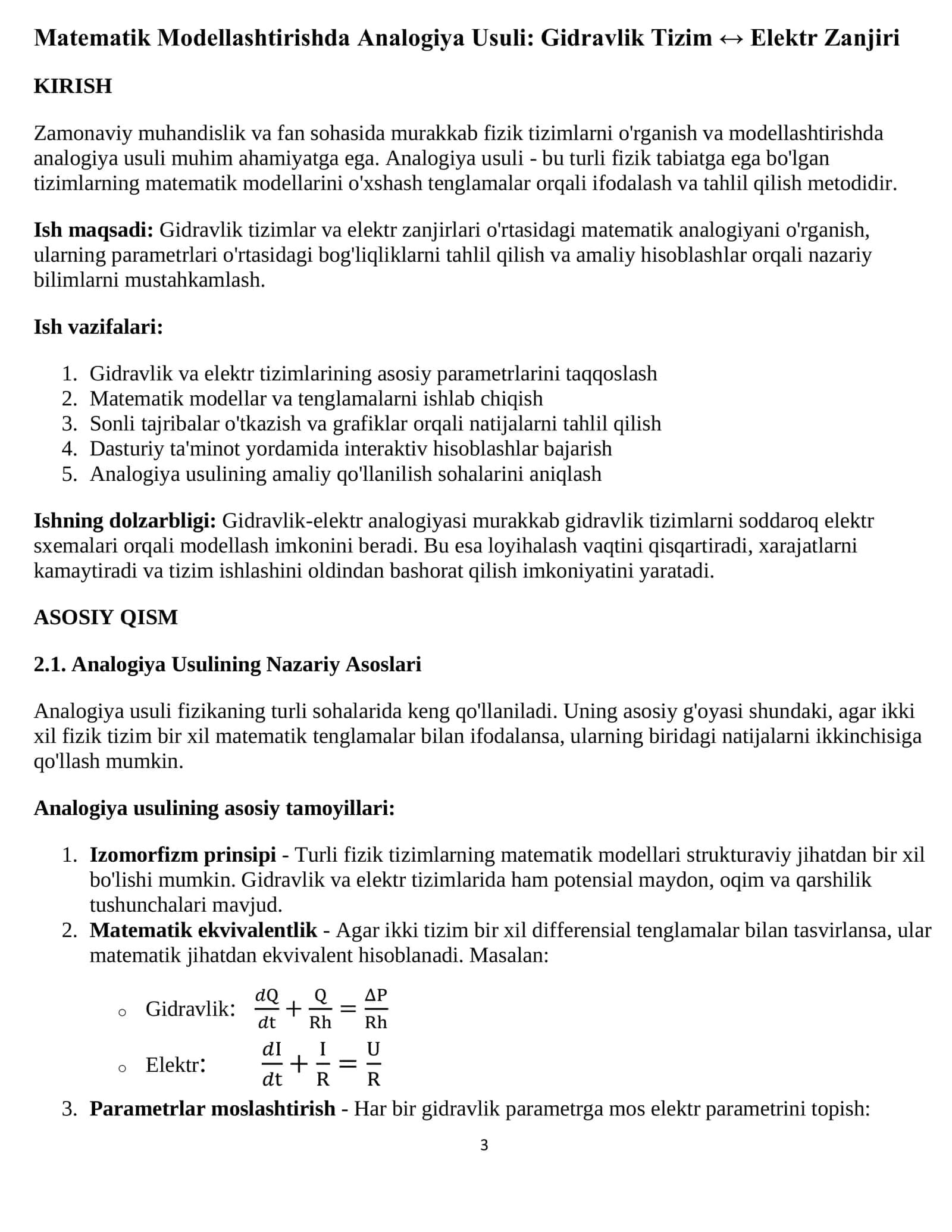 Matematik Modellashtirishda Analogiya Usuli: Gidravlik Tizim ↔ Elektr Zanjiri 3