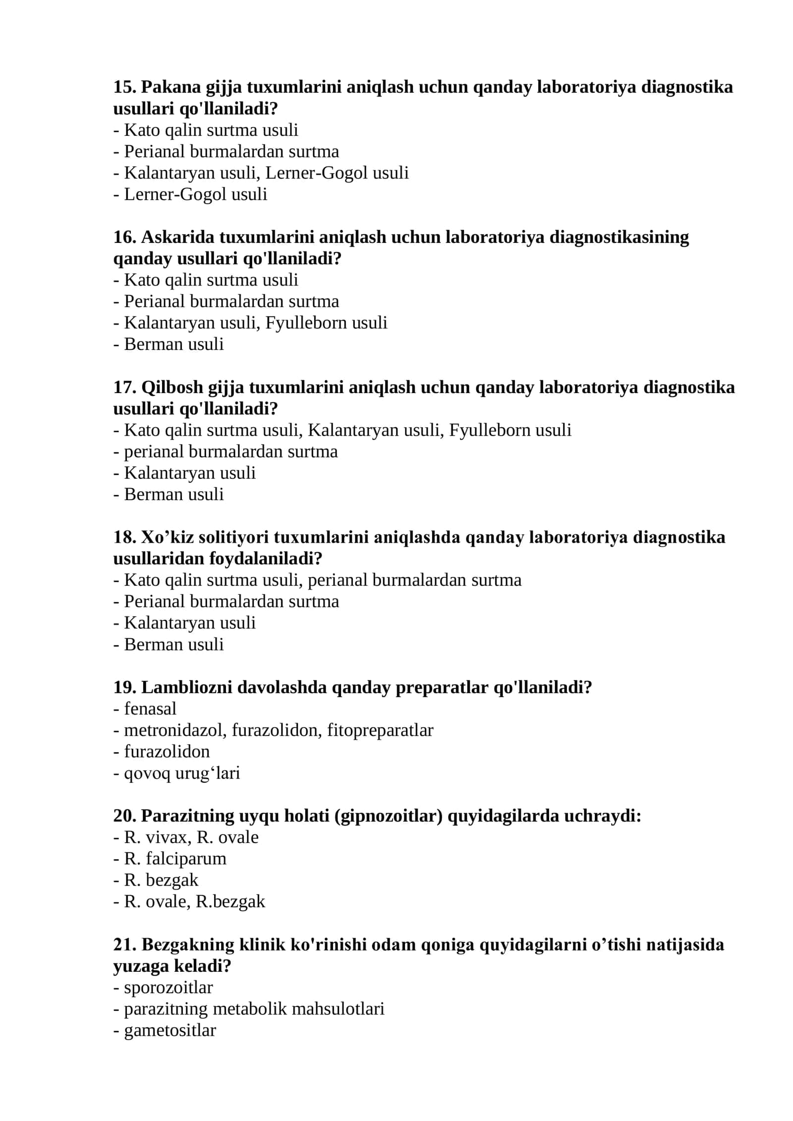 Parazitar kasalliklar laboratoriya diagnostikasi mutaxassisligi bo'yicha shakllantirilgan test savollari ro'yxati 3