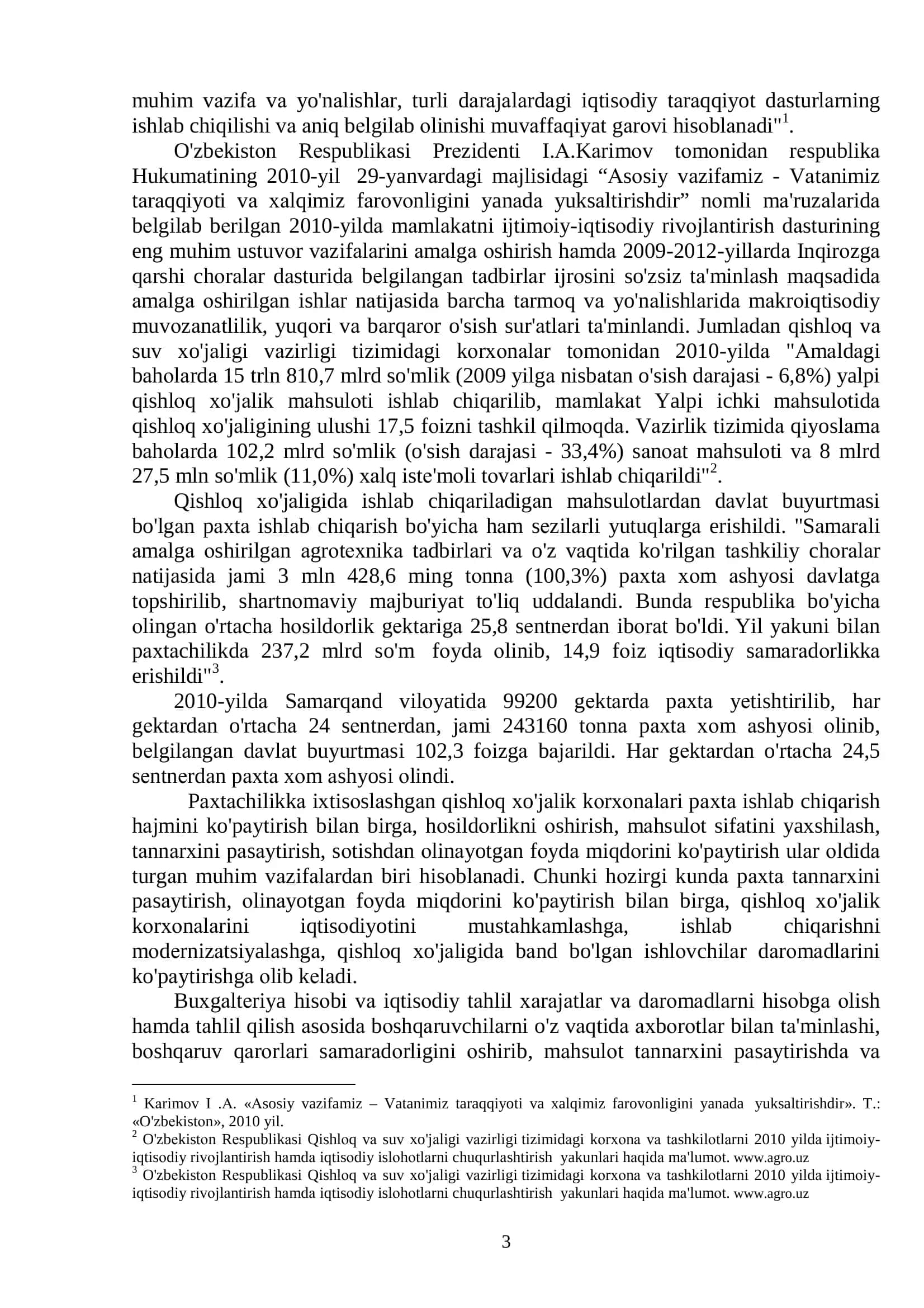 Mavzu: "Pахtаchilikdа ishlаb chiqаrish хаrаjаtlаri hisоbi vа mаhsulоt tаnnаrхining tаhlili" 3