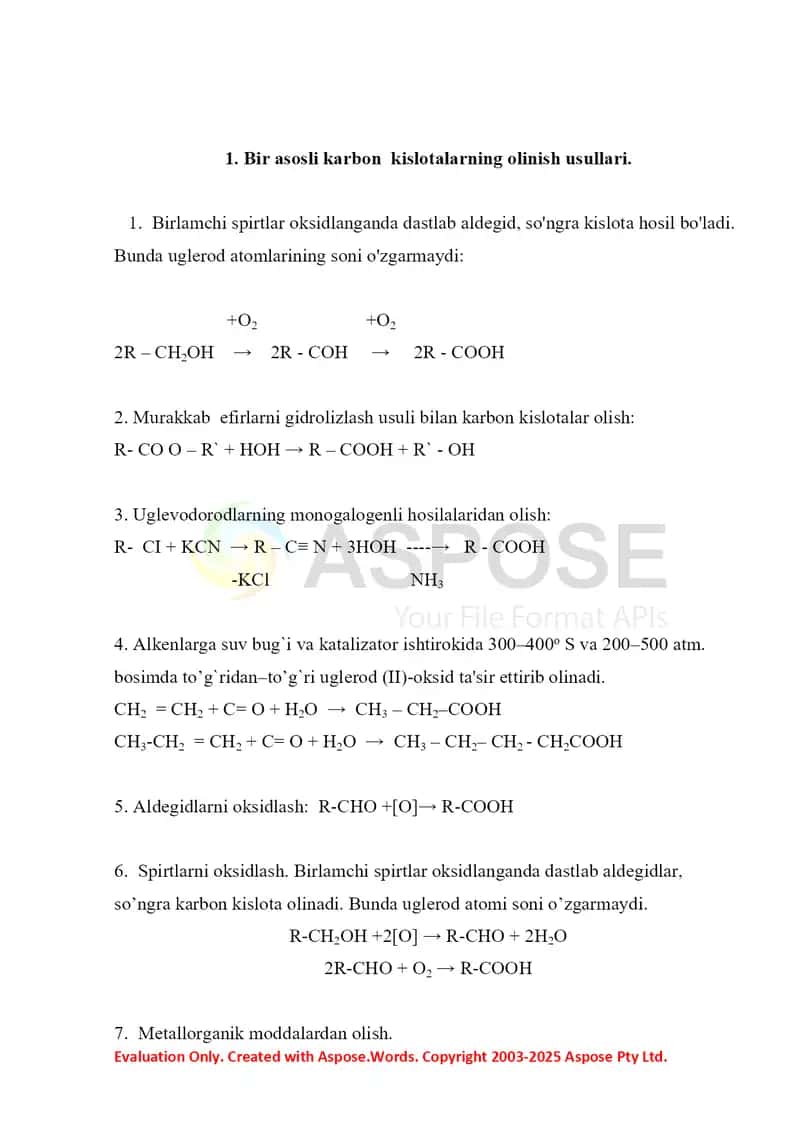 12. Bir asosli karbon  kislotalarning olinish usullari. To'yinmagan bir  asosli karbon kislotalar. Referat 8 bet 3