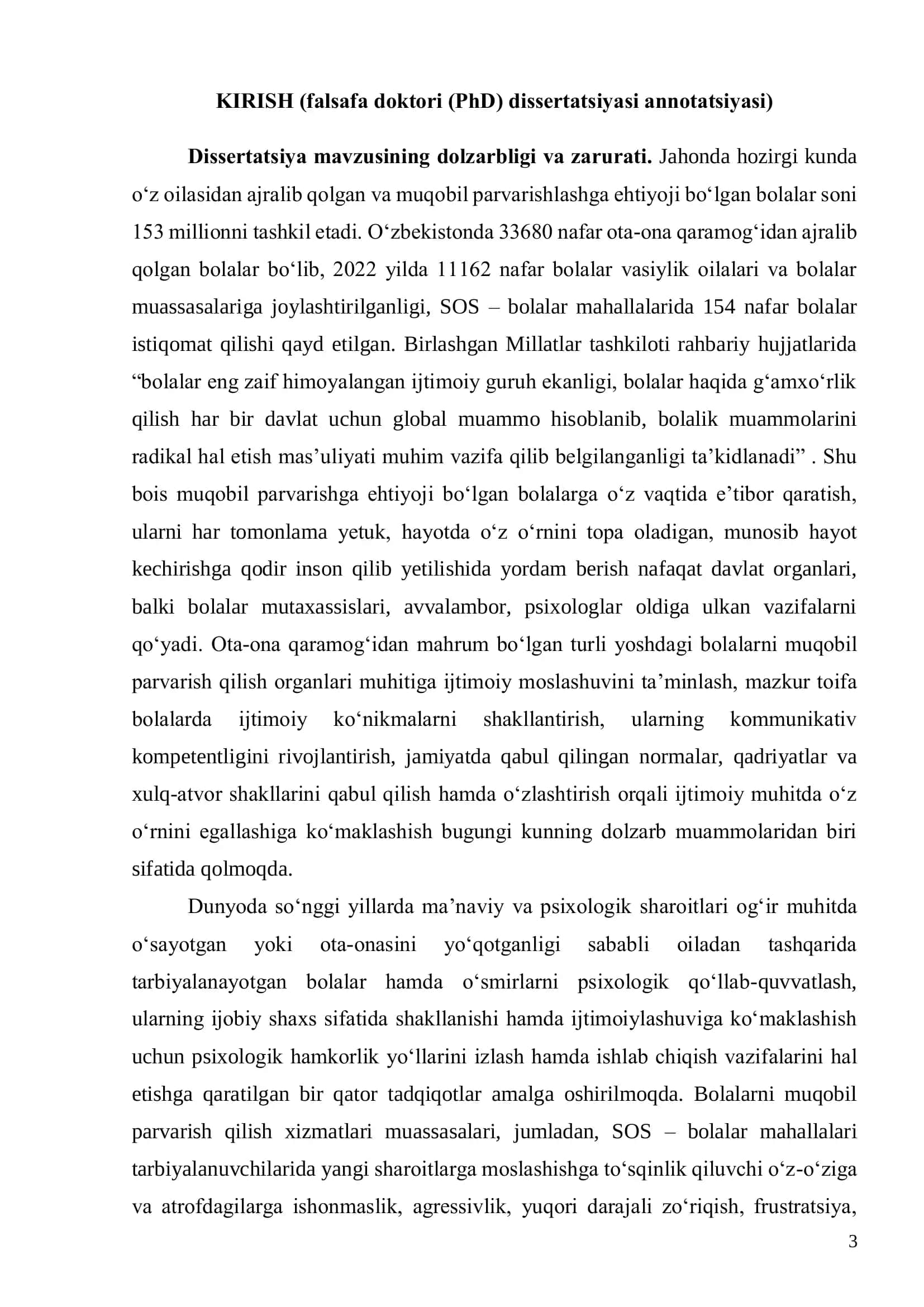 BОLALARNI MUQОBIL PARVARISH QILISH XIZMATLARI TARBIYALANUVCHILARINING IJTIMОIY-PSIXОLОGIK MОSLASHUVI DETERMINANTLARI  (SОS-BОLALAR MAHALLASI MISОLIDA) 3