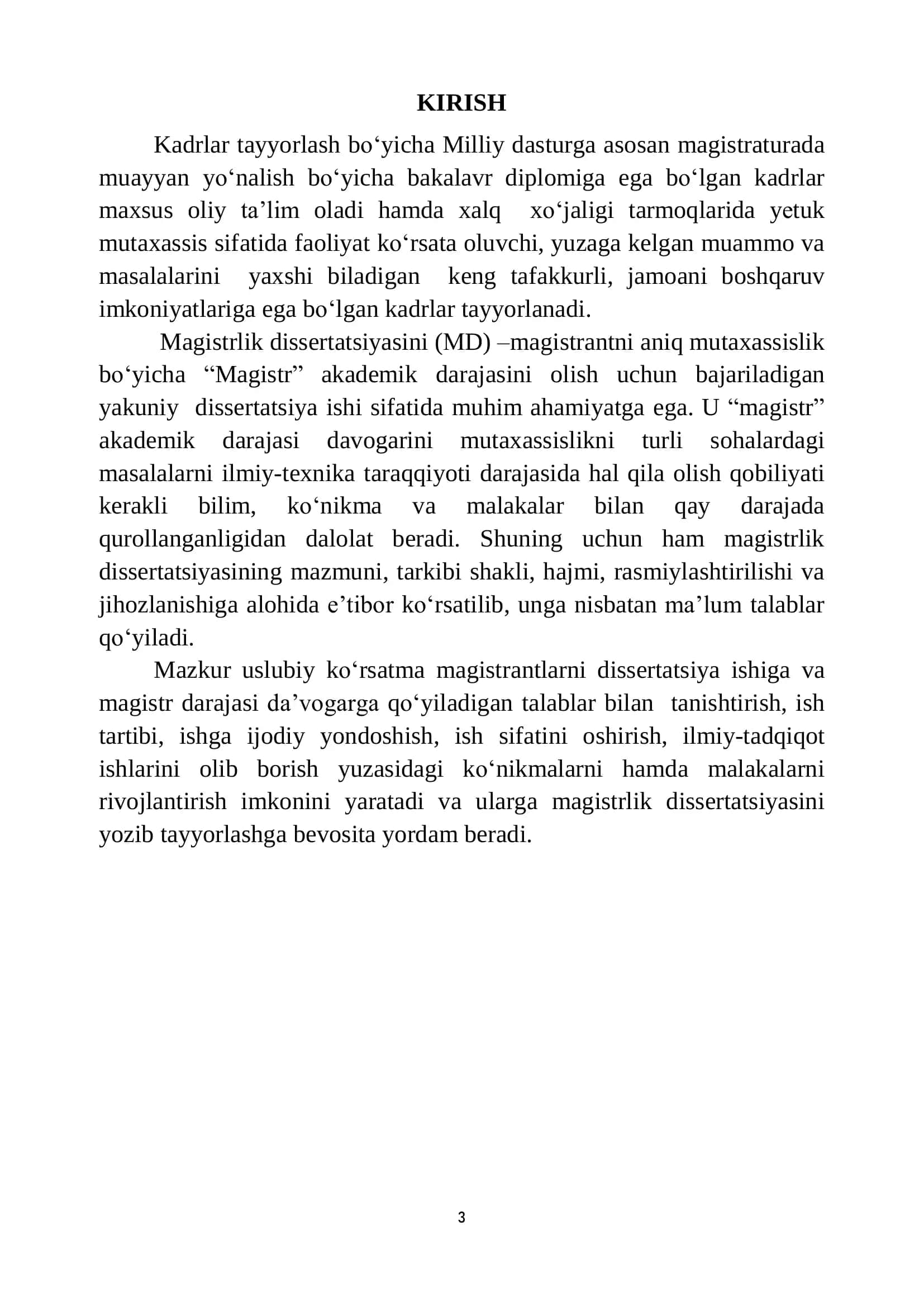 MAGISTRLIK DISSERTATSIYA 
ISHLARINI TAYYORLASH 
BO‘YICHA O‘QUV-USLUBIY 
QO‘LLANMA 3