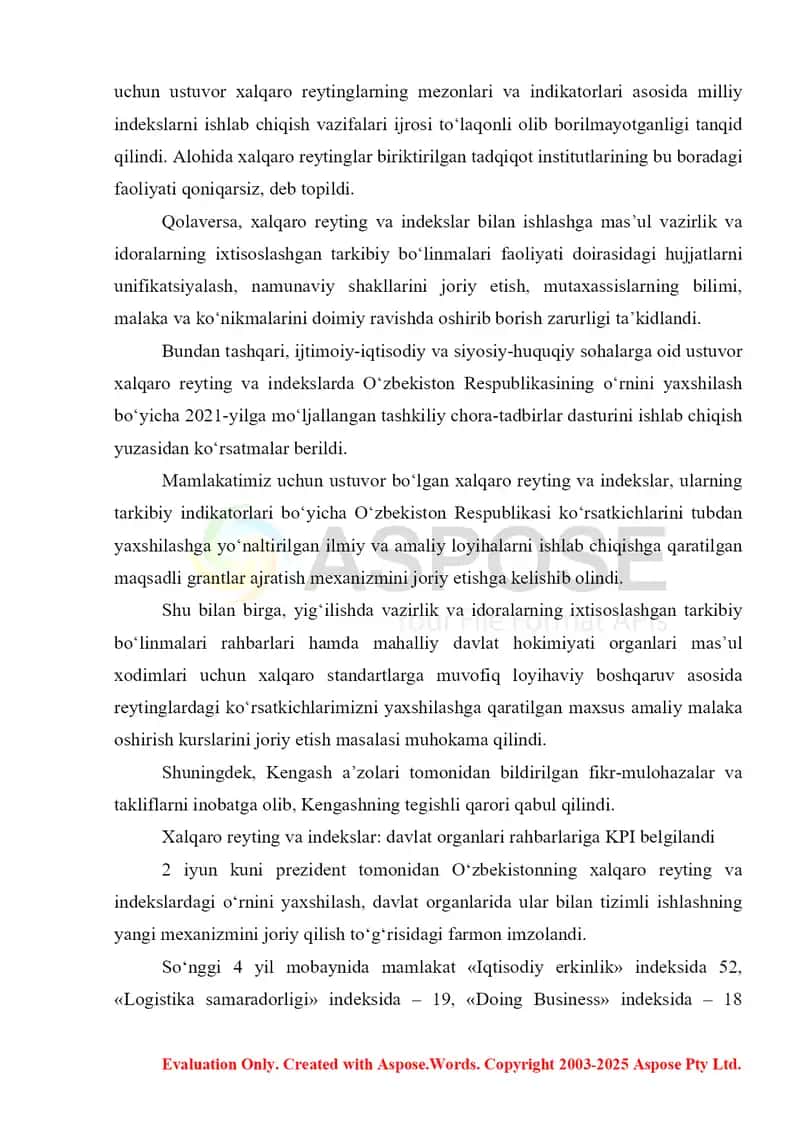 Siyosiy-huquqiy sohadagi ustuvor halqaro reytinglar va ularga O‘zbekistonning integratsiyalashuvi. 3