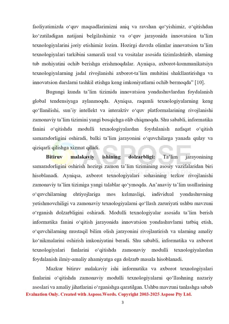 "Informаtikа vа аxborot tеxnologiyаlаri fаnlаrini o'qitishdа zаmonаviy modulli tеxnologiyаlаrdаn foydаlаnib tаshkil еtish" DIPLOM ISHI 3