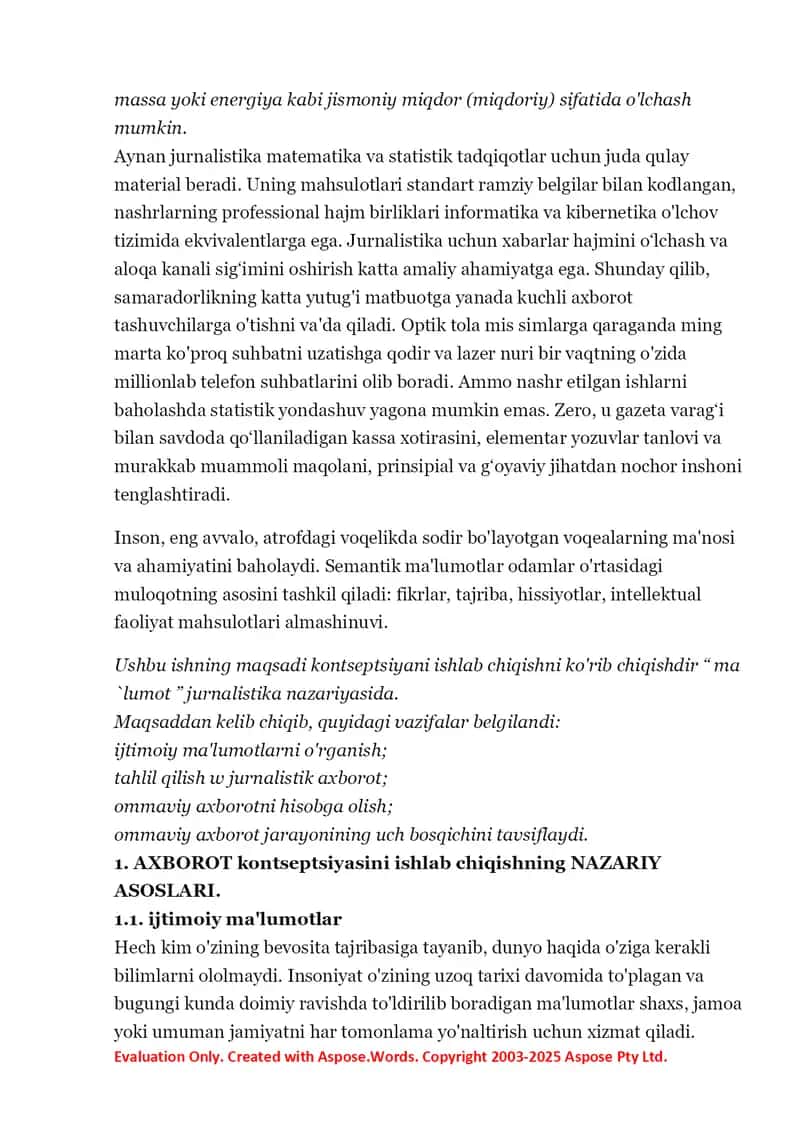 Jurnalist axboroti va uning asosiy xususiyatlari jurnalistika ommaviy axborot faoliyati sifatida. Jurnalistik axborot tushunchasi 3