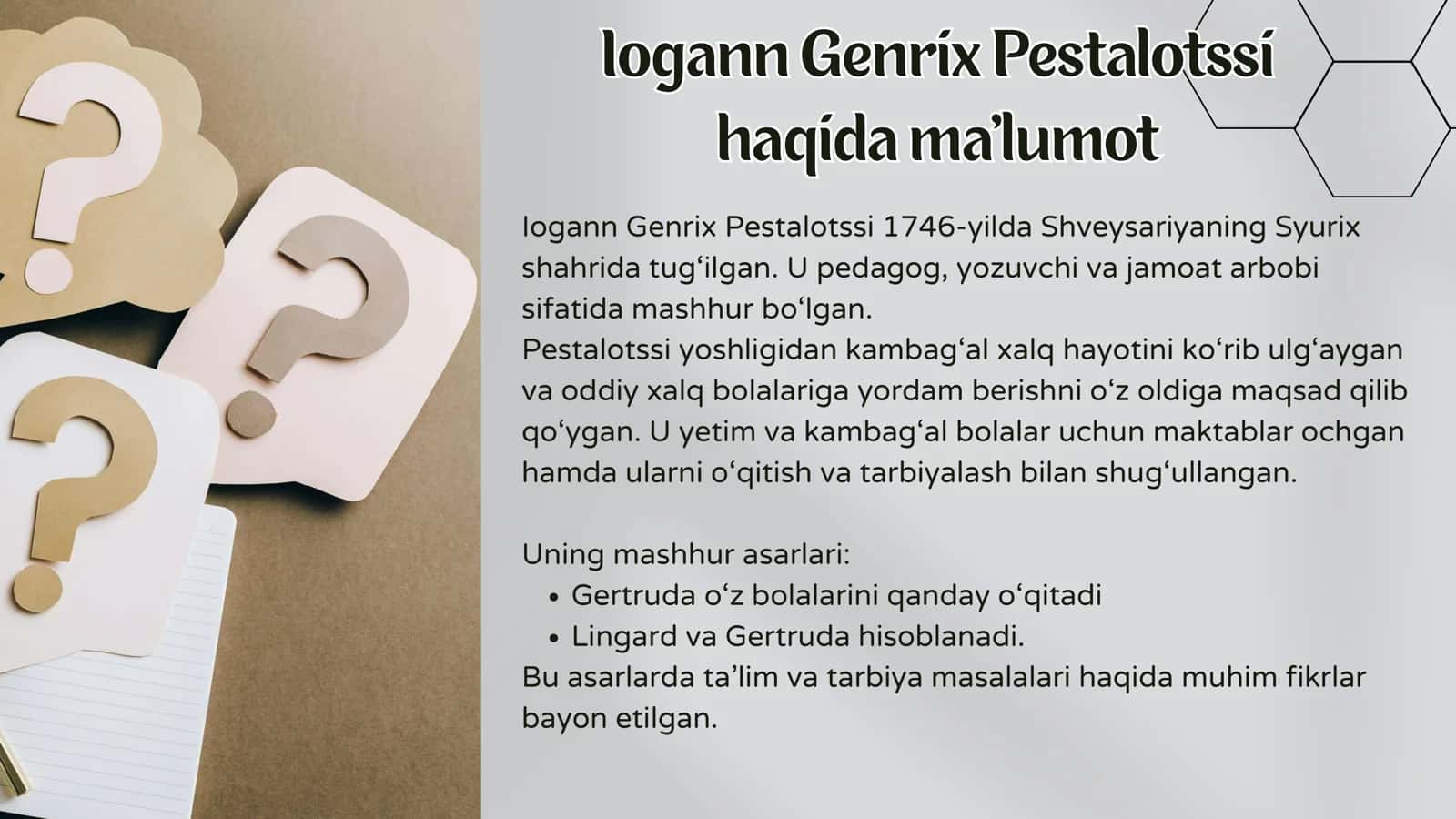 Iogann Genrix Pestalotssining pedagogik g'oyalari 3