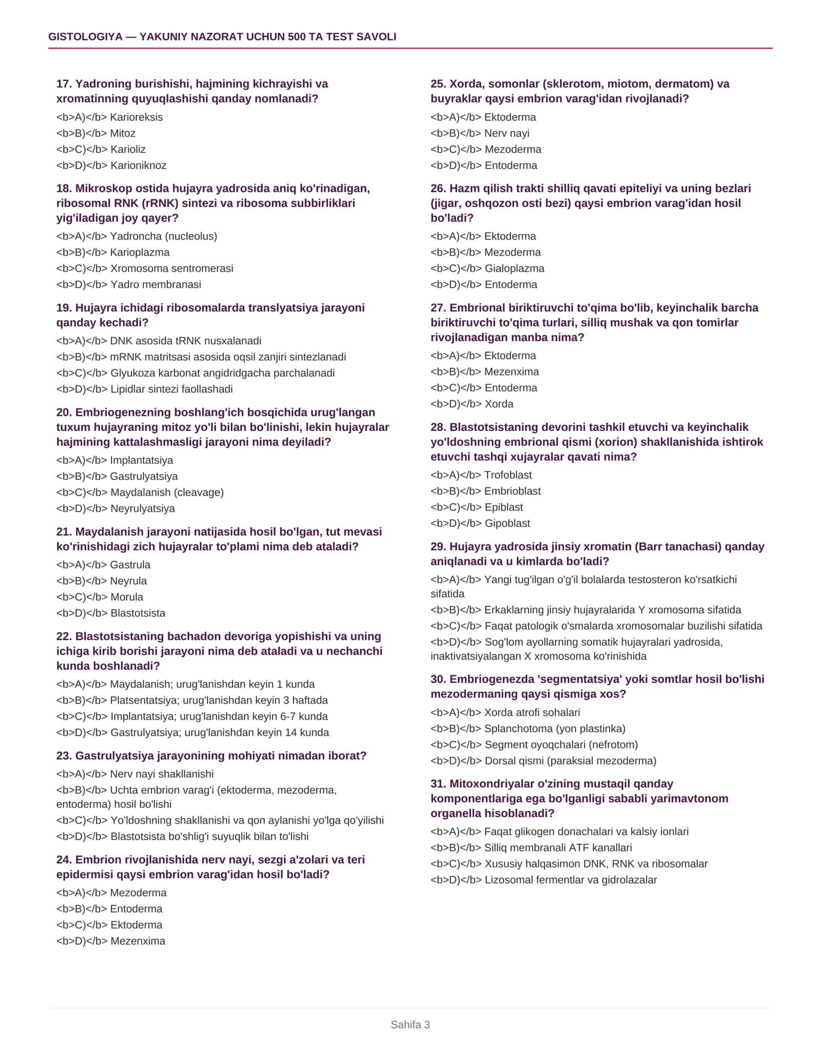 Gistologiya — yakuniy nazorat uchun 500 ta test savoli + javoblari 3