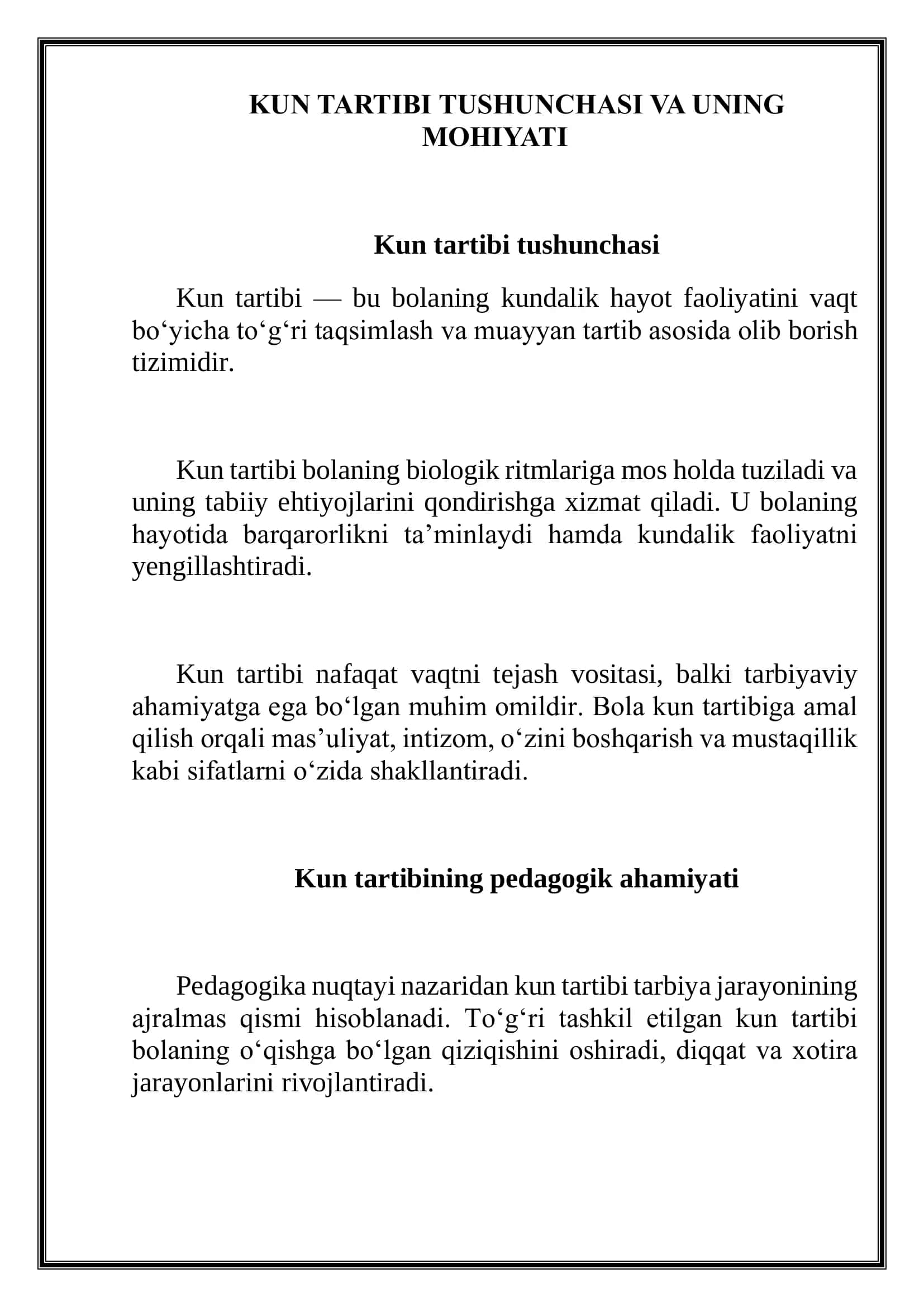 "Bola hayotida kun tartibi va uning ahamiyati" mavzusida mustaqil ish 3
