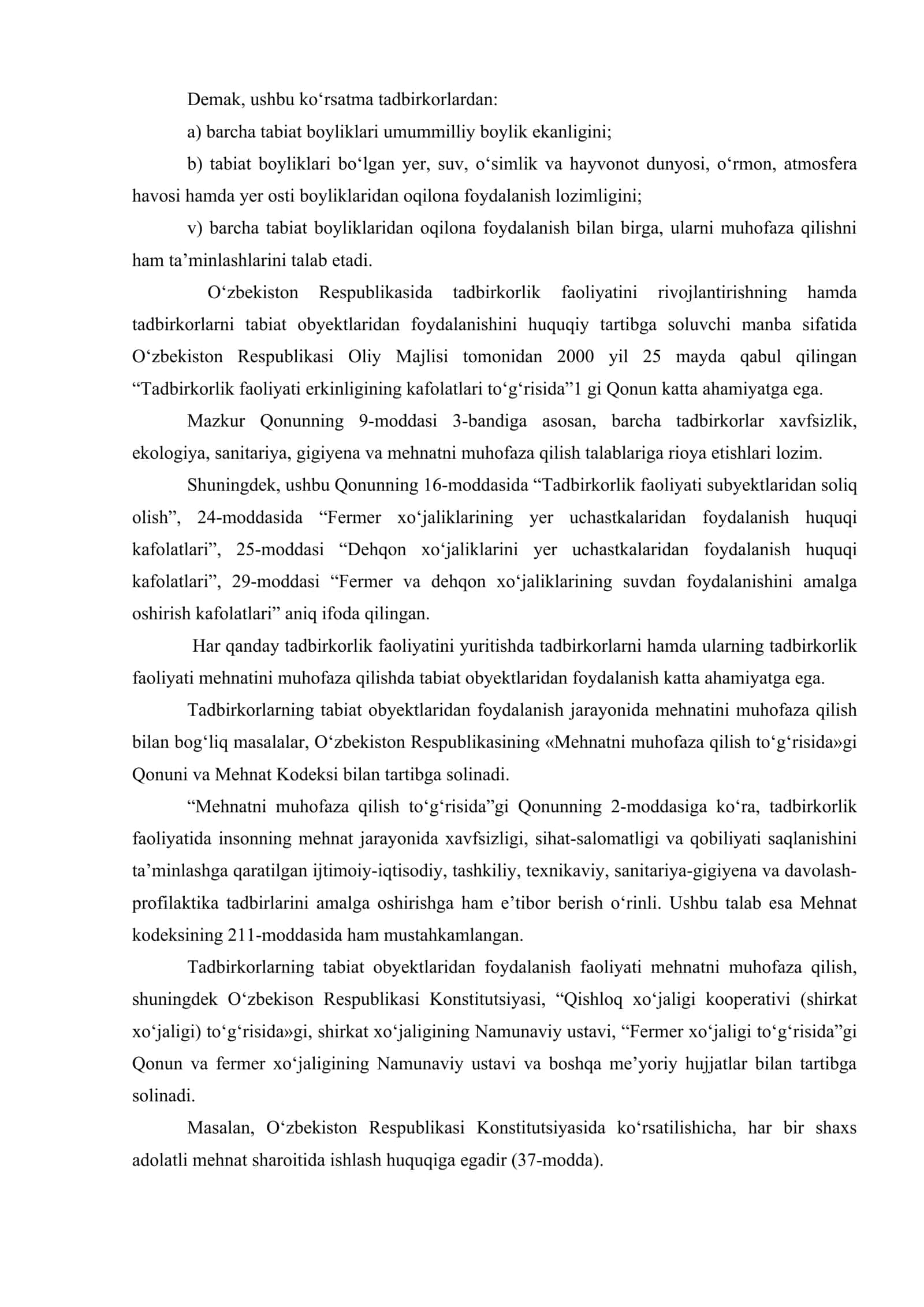 Tadbirkorlarning tabiat obektlaridan foydalanish huquqi 3