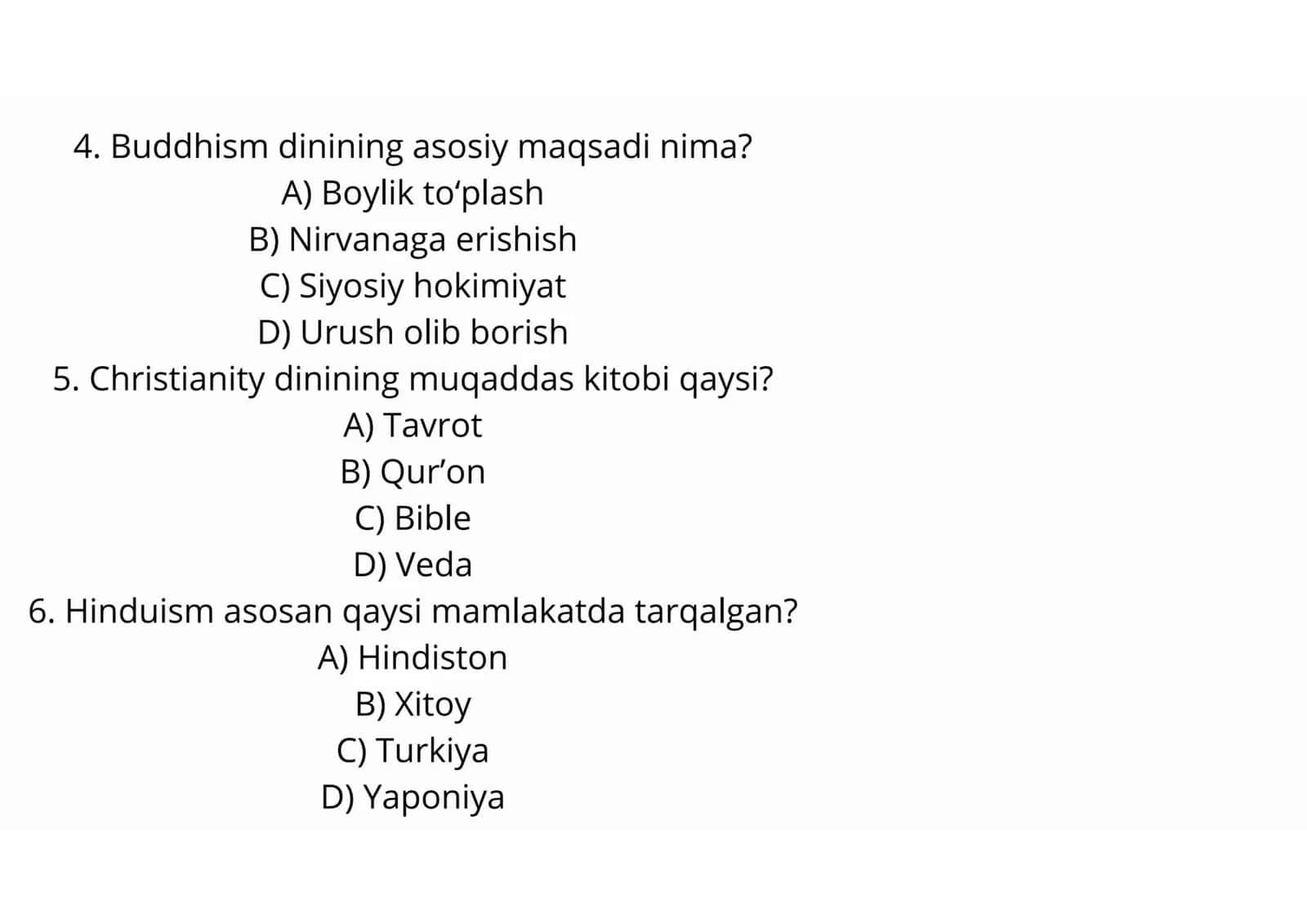Dinshunoslik fani uchun 20 ta test 3