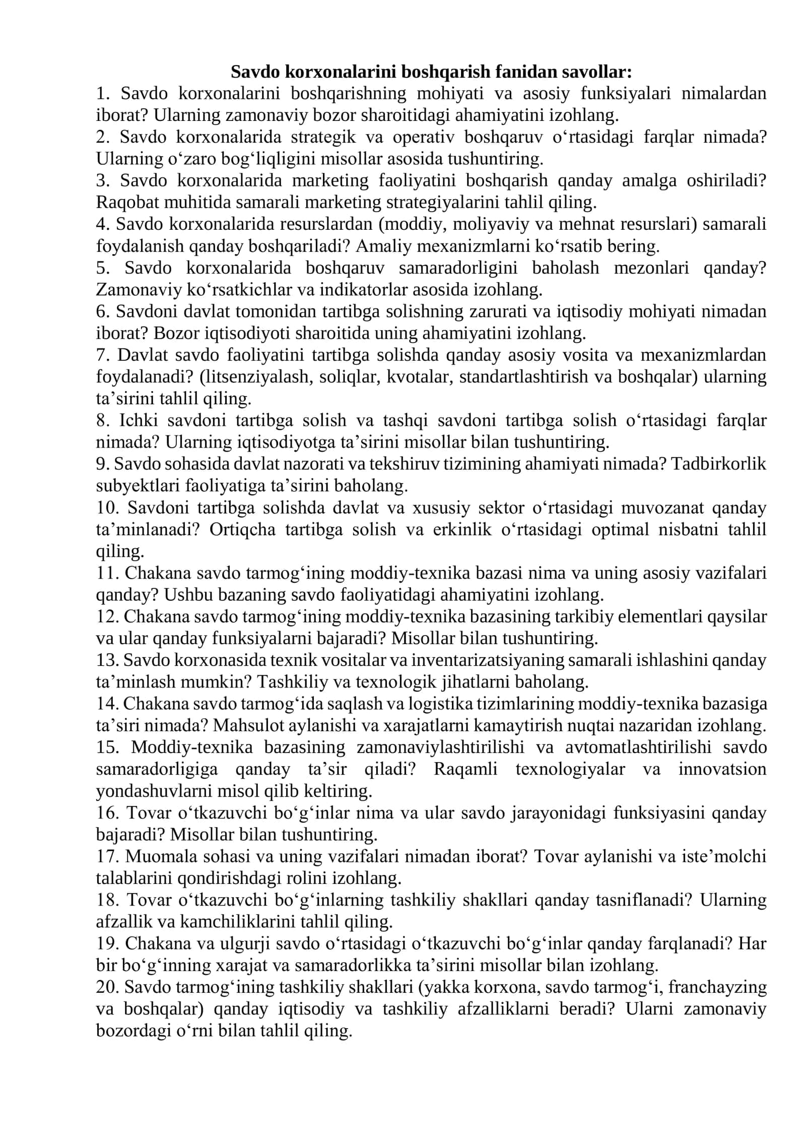 Savdo korxonalarini boshqarish fanidan savollar 3