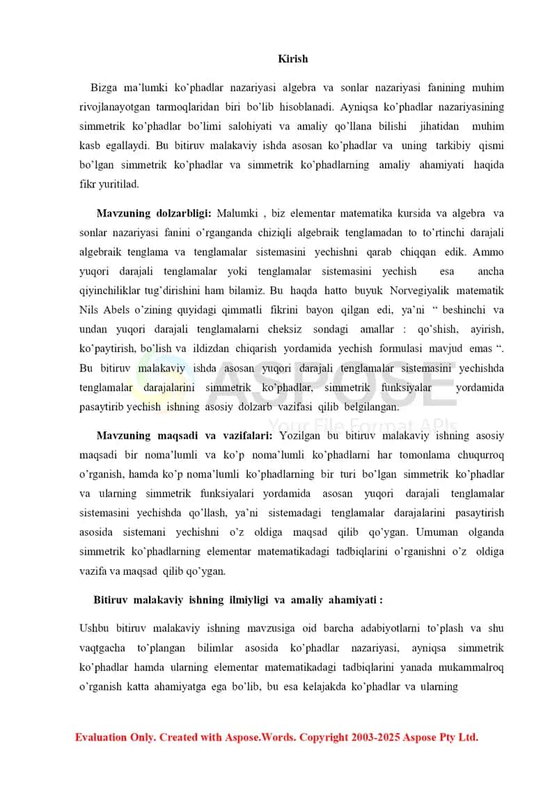 Yuqori darajali tenglamalar sistemasini yechishda ikki o`zgaruvchili simmetrik ko`phadlardan foydalanish 4