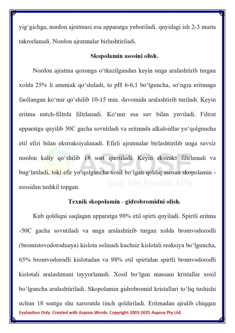 Skopolomin gidrobromid, anabazin gidroxlorid olish texnologiyalari. 4