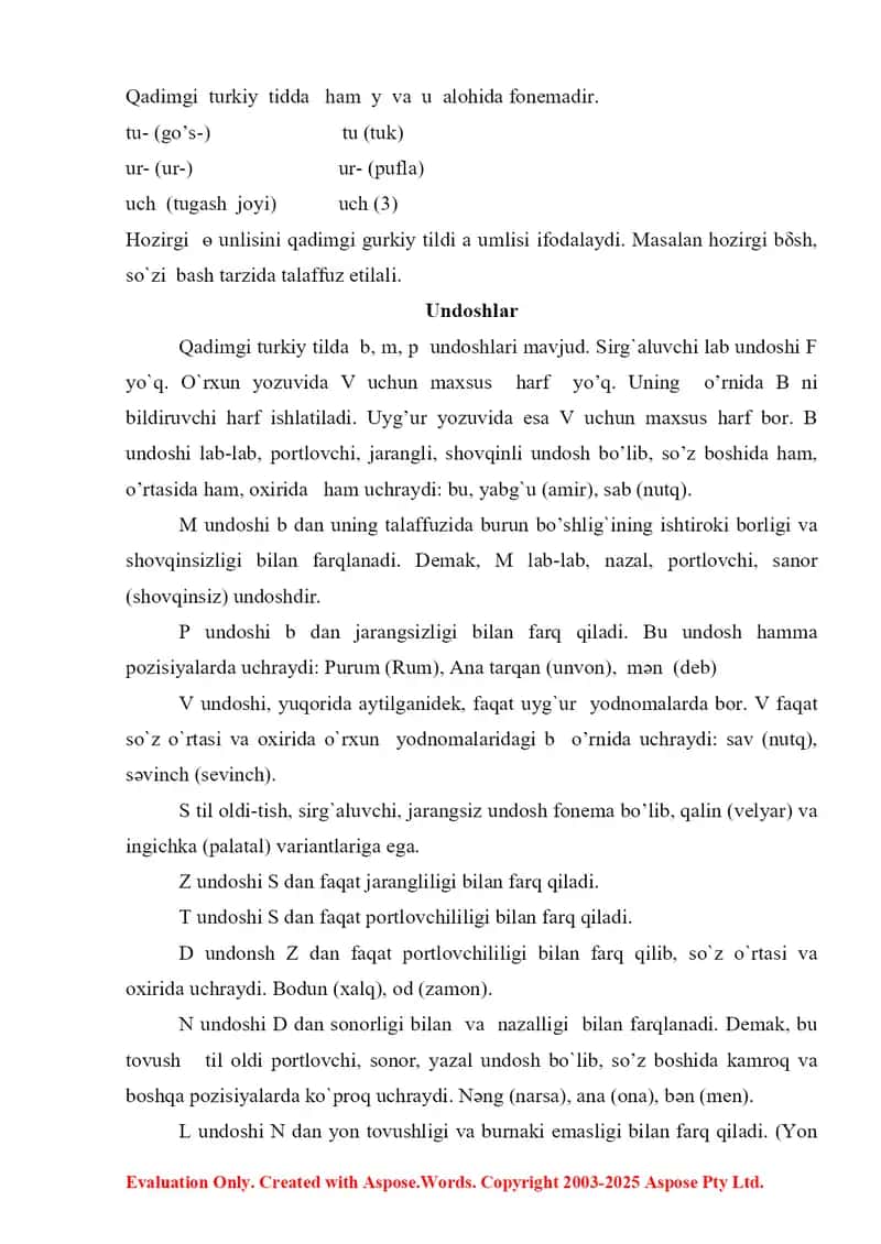 Qadimgi turkiy tilning fonetik xususiyatlari. Unli va undoshlar 4