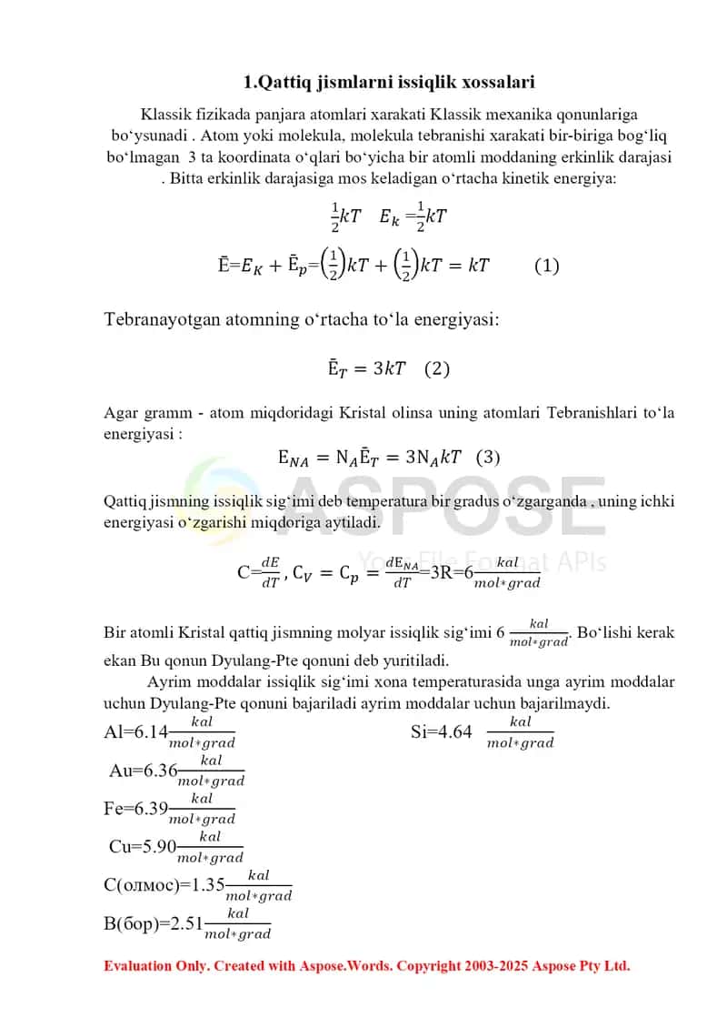 Kurs ishi “Qattiq jismlarda issiqlik kengayishi” 4