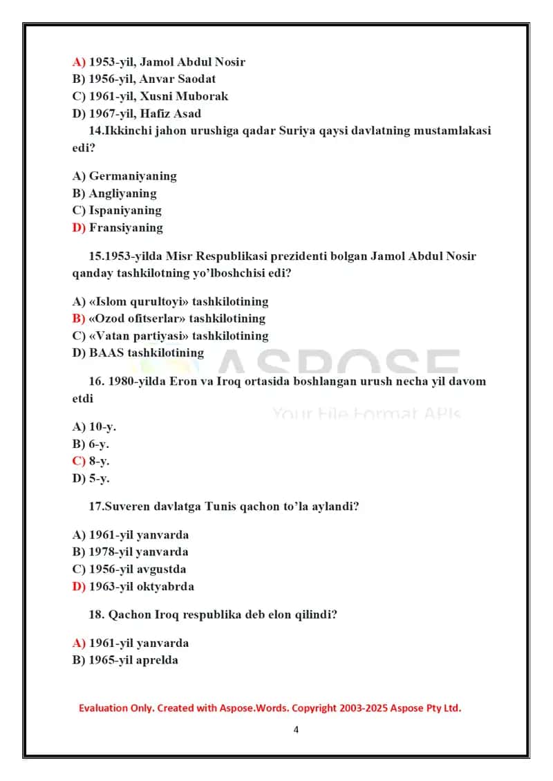 Mamlakatshunoslik fanidan test 4