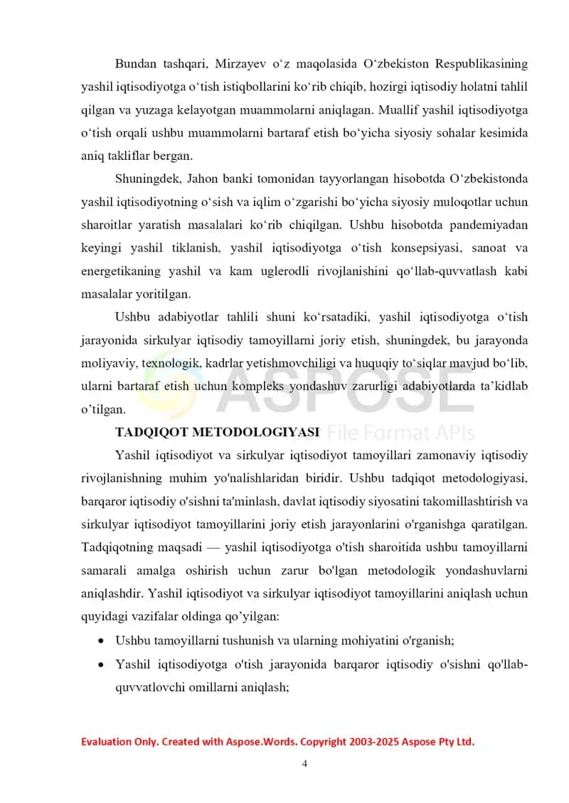Yashil iqtisodiyotga o‘tish sharoitida barqaror iqtisodiy o‘sishni ta’minlash va davlat iqtisodiy siyosatini takomillashtirish 4