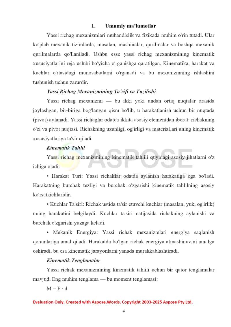 Yassi richag mexanizmini reja uslubi bo'yicha kinematik izlanish 4
