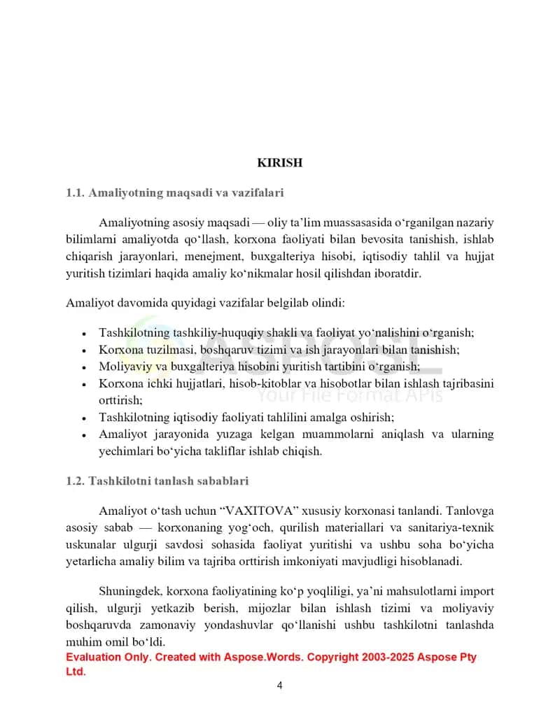 AMALIYOT HISOBOTI. 5	Faoliyat turi	Yog‘och, qurilish materiallari va sanitariya-texnik uskunalar ulgurji savdosi 4