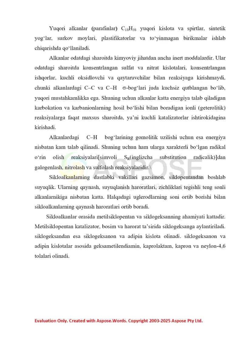 4. Alkanlar va sikloalkanlarning olinish usullari. Bisiklik va polisiklik alkanlar 2. Referat 17 bet 4