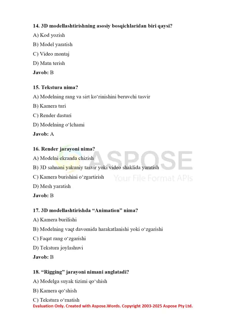 3D modellashtirishdan 50 ta test savoli va javoblari bilan 4