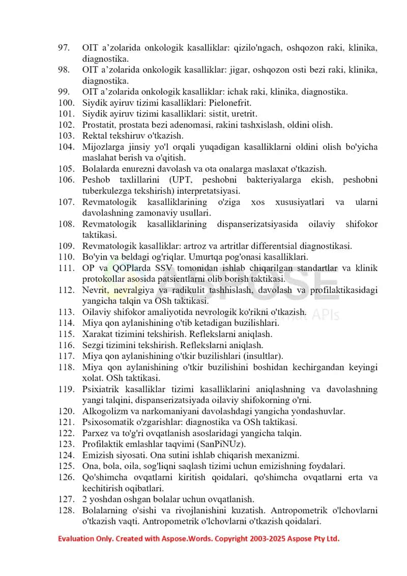 Oilaviy shiforkorlik Og'zaki savollar ro'yxati Argos 4
