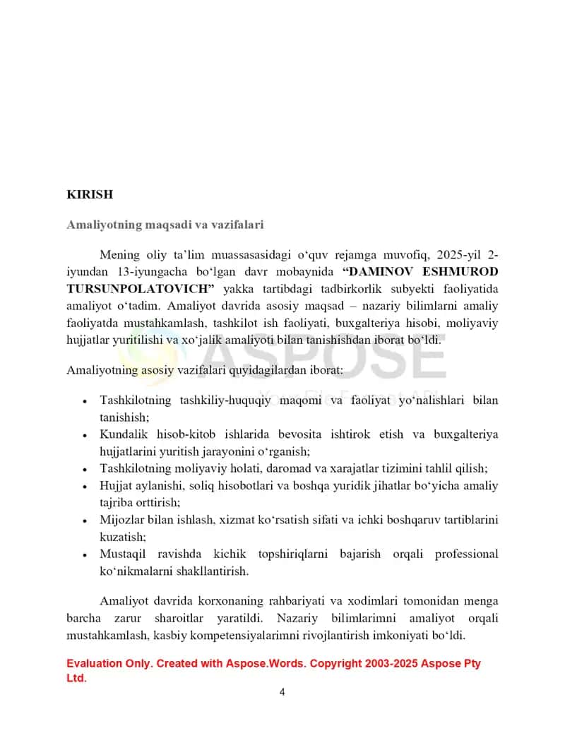 1	Tashkilot nomi	“DAMINOV ESHMUROD TURSUNPOLATOVICH” (Yakka tartibdagi tadbirkor)
2	Ro‘yxatdan o‘tgan sana	15.03.2023 
3	INN (STIR)	302156789 
4	Tashkilot shakli	Yakka tartibdagi tadbirkor (YATT)
5	Faoliyat turi	Qurilish-montaj ishlari, xizmat ko‘rsatish va kichik chakana savdo 4