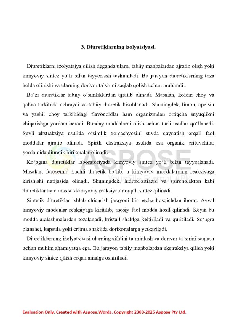 4. Diuretiklar. Toksikologik ahamiyati, izolyatsiyasi, sifat va miqdoriy tahlili. Referat 7 bet. 4
