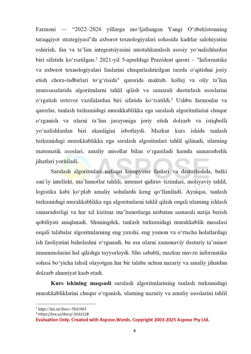 Tanlash turkumidagi murakkablikka ega saralash algoritmlari kurs ishi 4