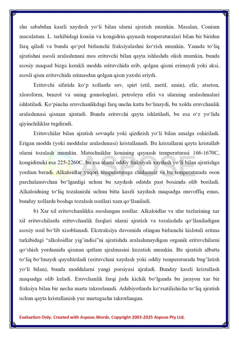 Ion almashinishi bo‘yicha alkaloidlarni olish va tozalash alkaloidlar yig‘indisidan individual alkaloidlarni ajratish. 4
