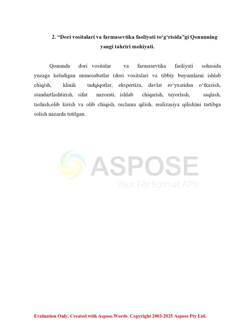 “Dori vositalari va farmasevtika faoliyati to‘g‘risida”gi Qonun, unga kiritilgan o’zgartirishlar va qo’shimchalar haqida. Referat 7 bet. 4