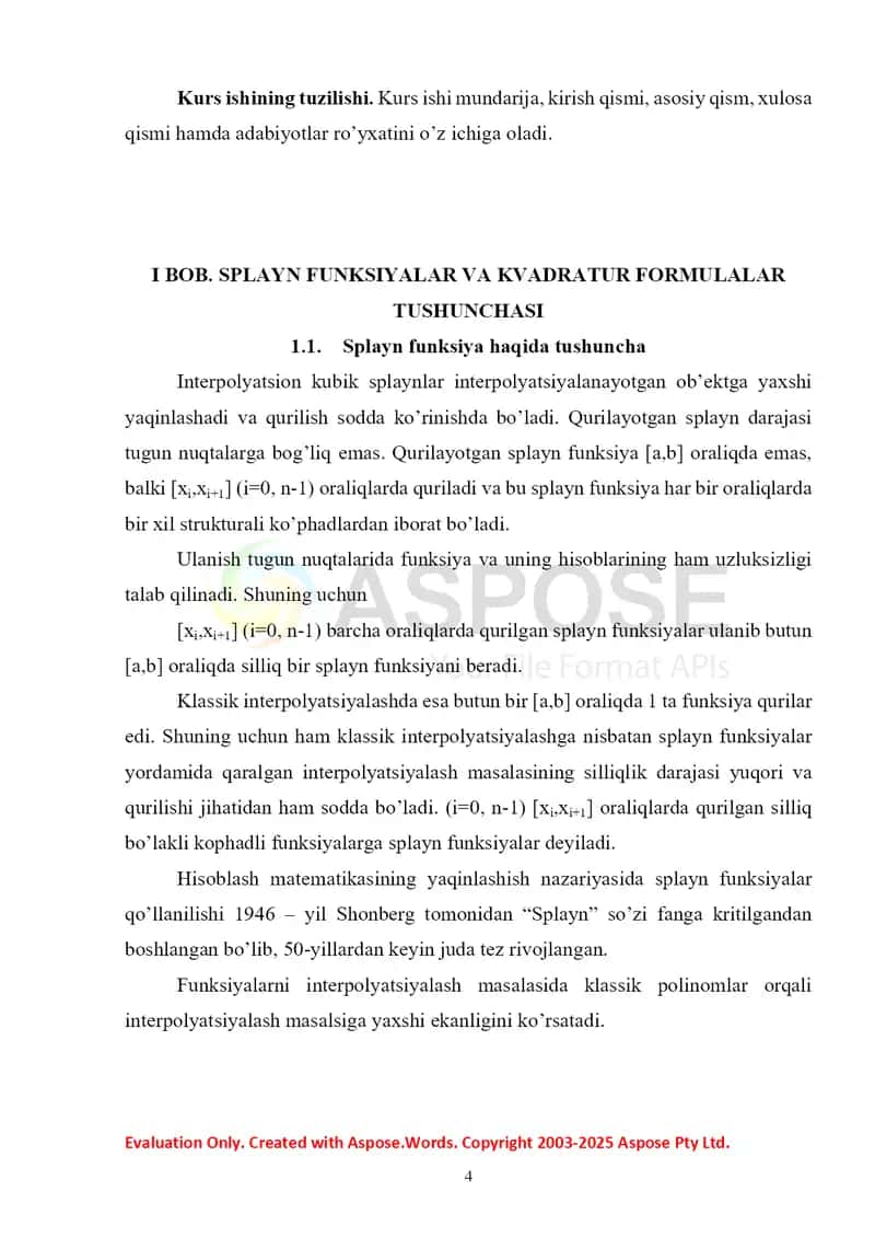Splayn funksiyalar yordamida kvadratur formula qurish 4