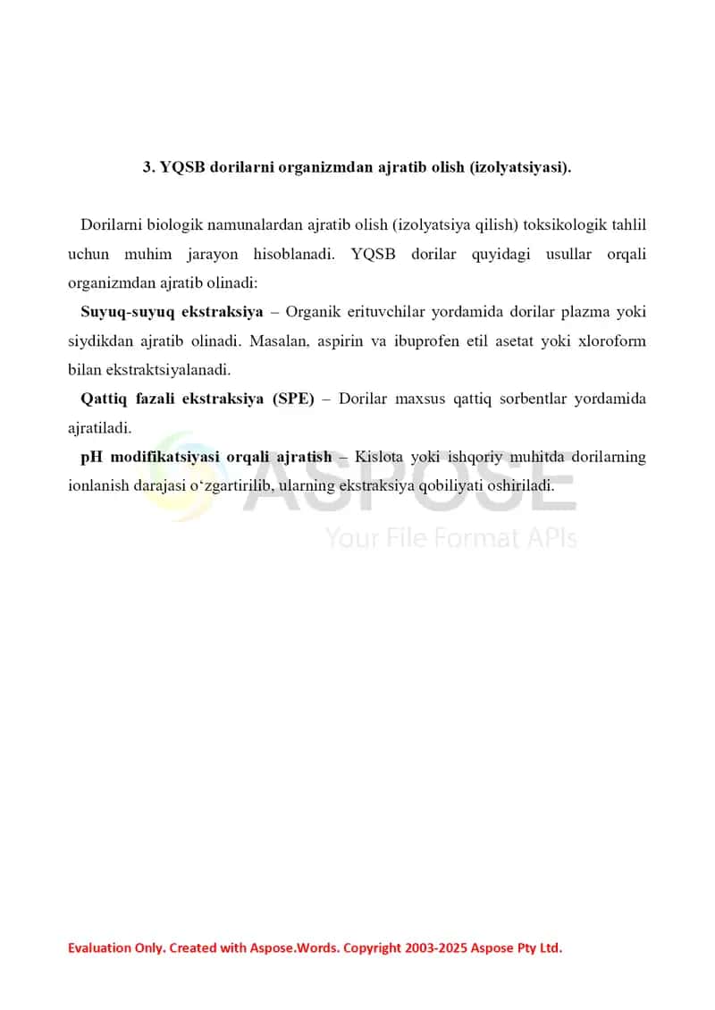 3. Yallig'lanishga qarshi steroid bo'lmagan dorilar. Toksikologik ahamiyati, izolyatsiyasi, sifat va miqdoriy tahlili. Referat 8 bet. 4