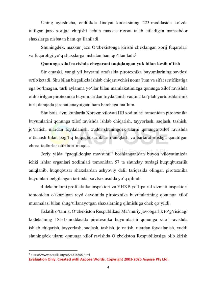 Qonunga xilof ravishda chet elga chiqish yoki O‘zbekiston Respublikasiga kirish 4
