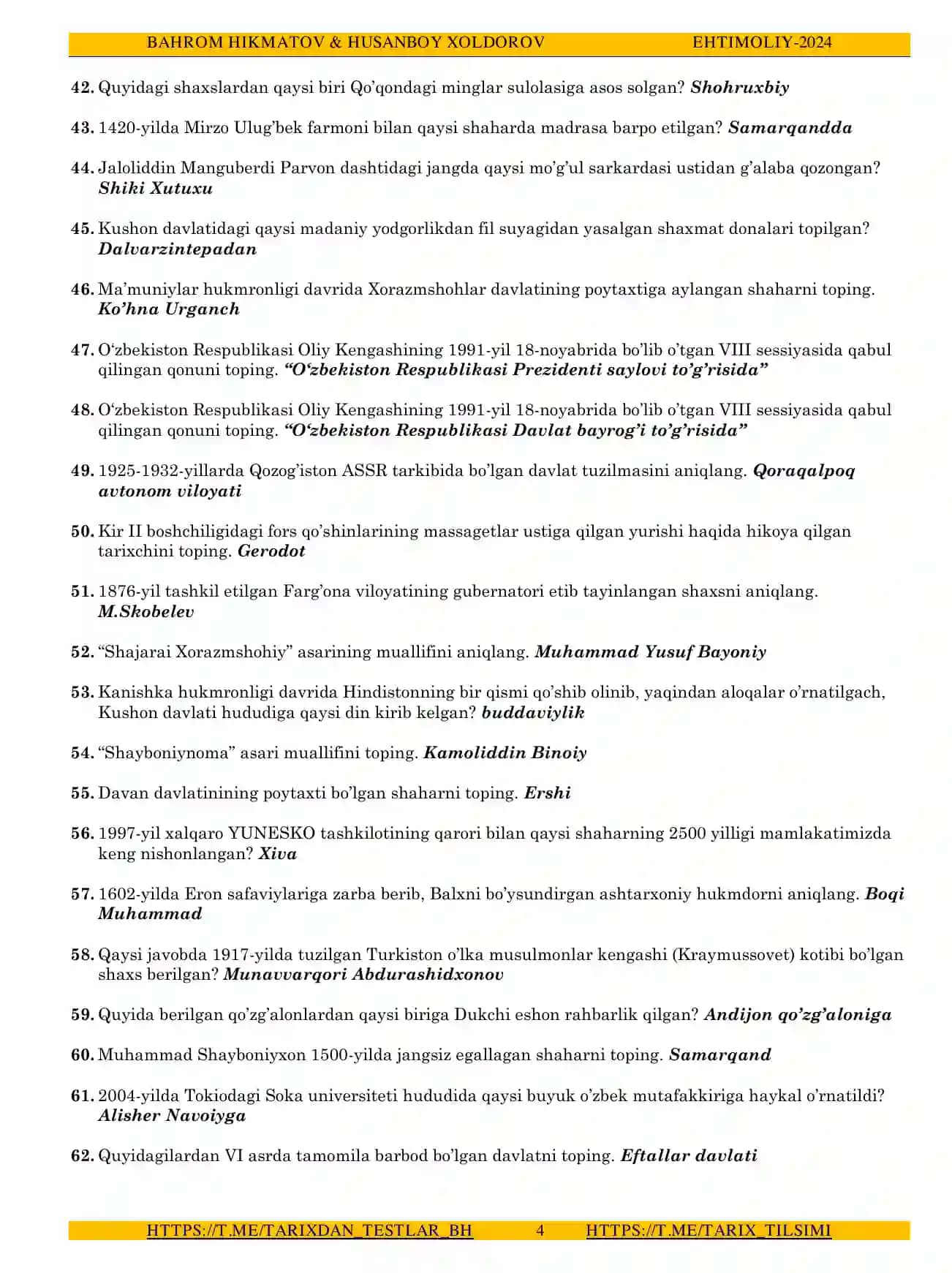 O'zbekiston tarixidan majburiy testlar to'plami 2825 ta, javoblari bilan! 4