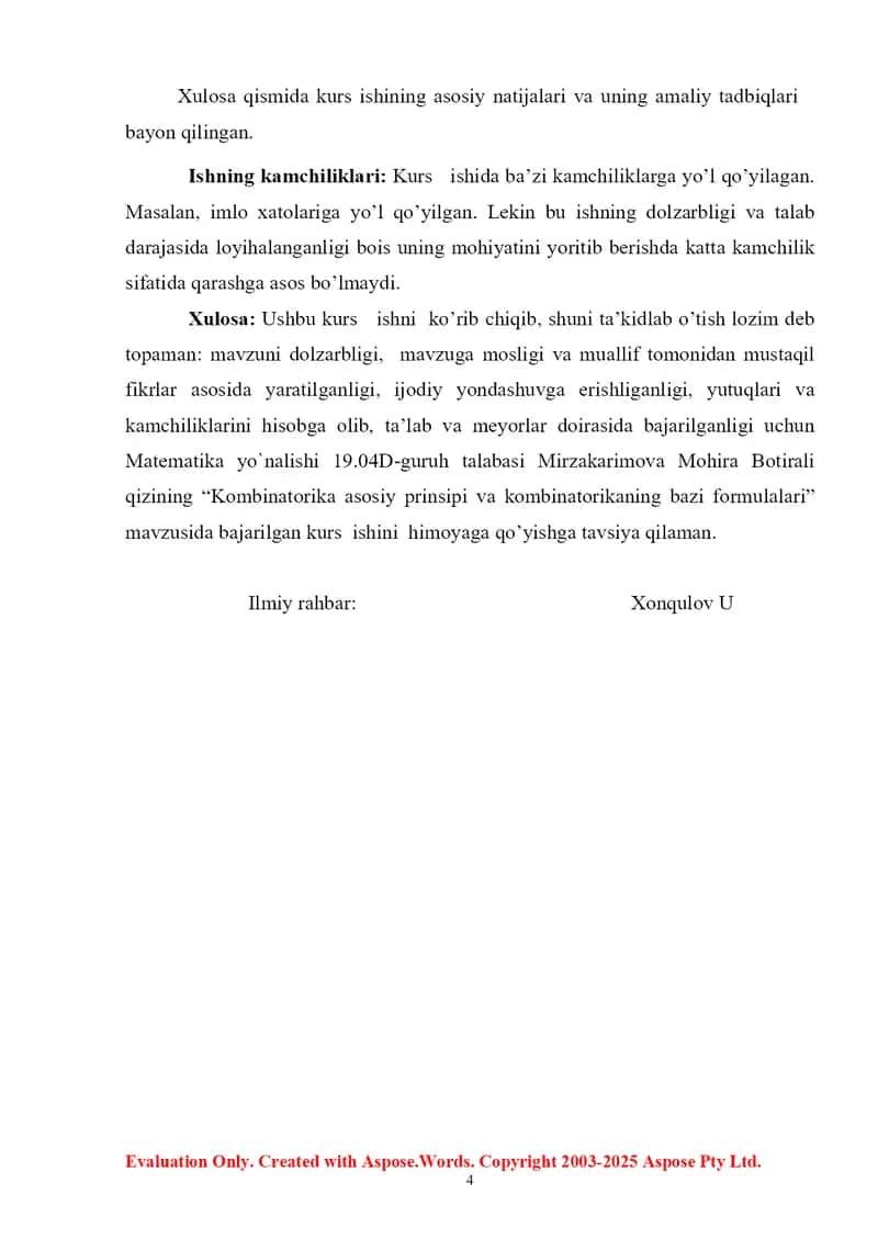 Kombinatorika asosiy prinsipi va kombinatorikaning bazi formulalari. 4