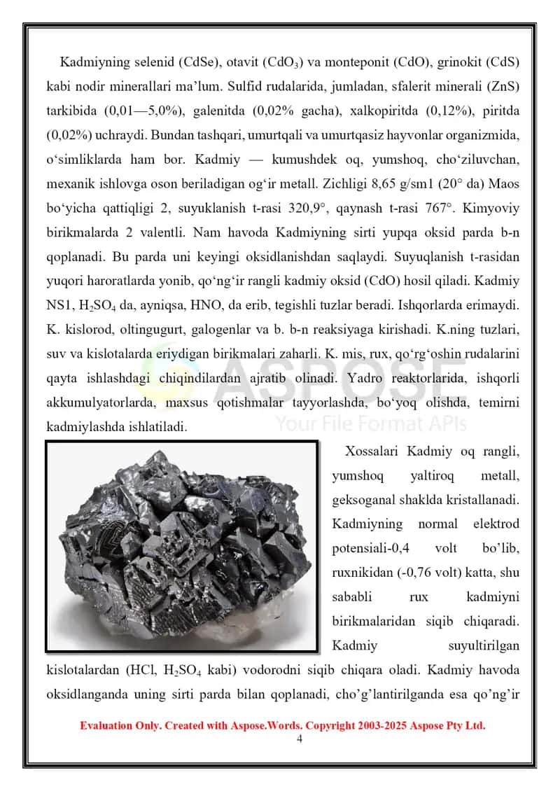 Rux, kadmiy, simob ishlatilish soxalari va qo’llanilishi 4