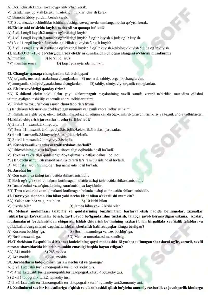 HAYOT FАОLIYATI ХАVFSIZLIGI FАNIDAN TEST SAVOLLARI 4