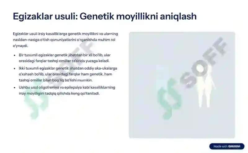 Irsiy kasalliklarni tekshirish usullari (klinik-geneologik, sitogenetik, egizaklar va boshqalar) 4