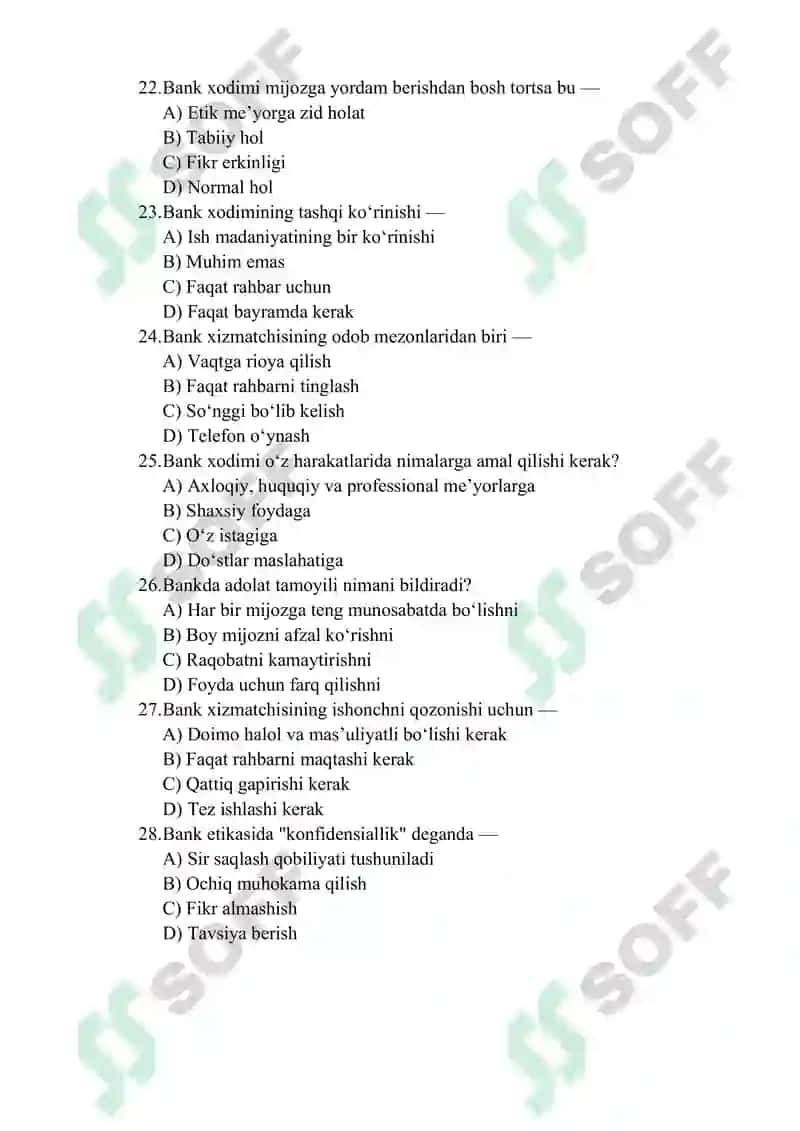 Bank xizmatchisi etikasining mezonlari bo‘yicha 40 talik test savollari Hammasini javobi A Pdf 4