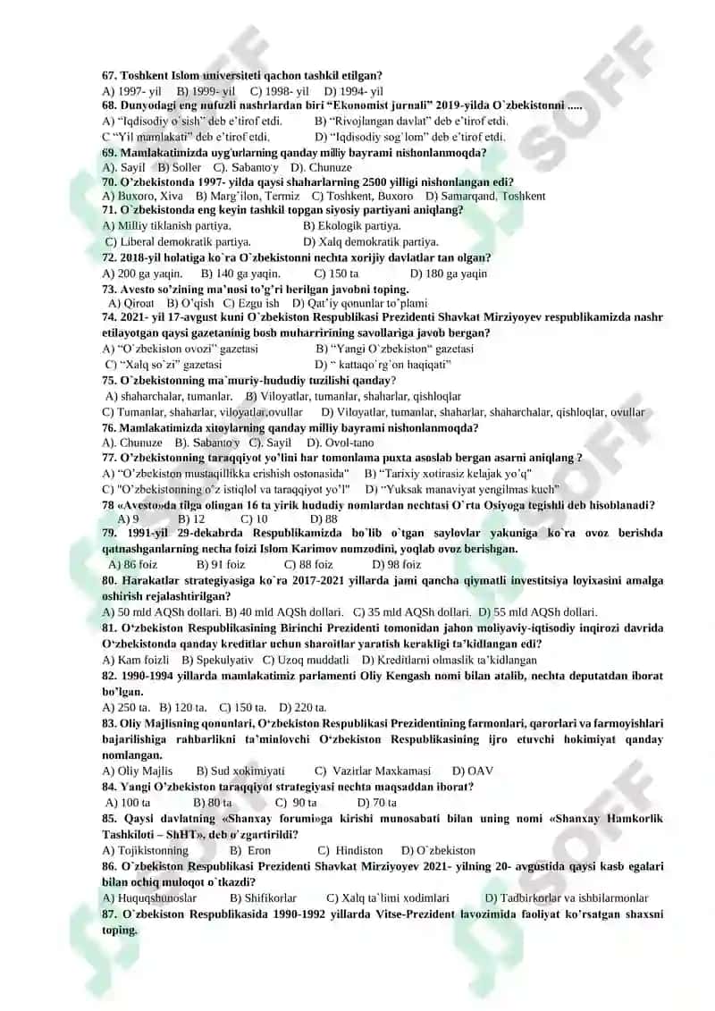 O’ZBEKISTONNING ENG YANGI TARIXI FANIDAN TESTLAR TO’PLAMI 4