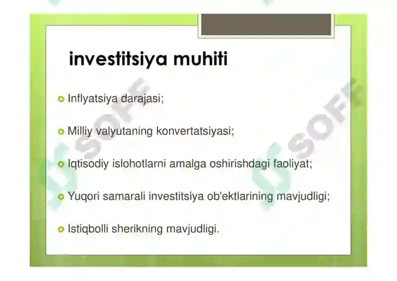 O'zbekiston Respublikasining investitsion muhitni shakllantirish bosqichlari 4
